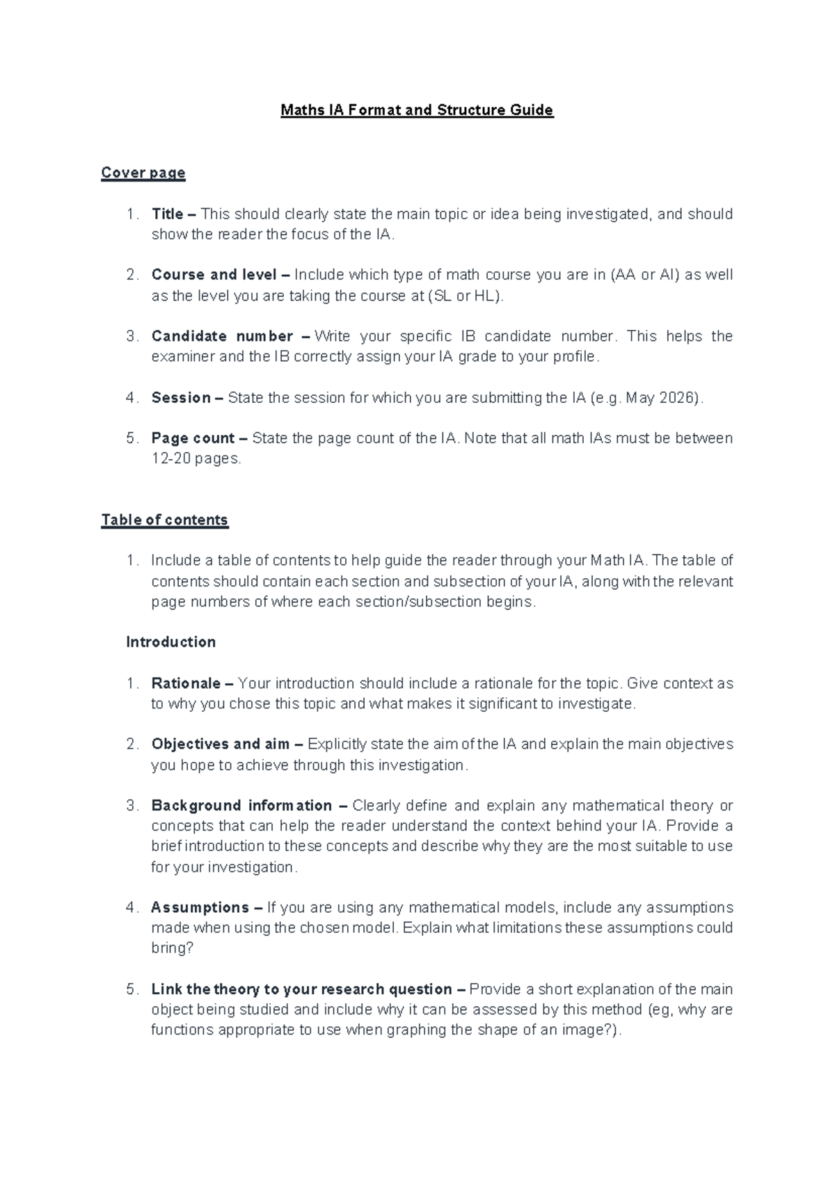 Maths IA Format & Structure Guide (AA/AI, SL/HL) - Studocu
