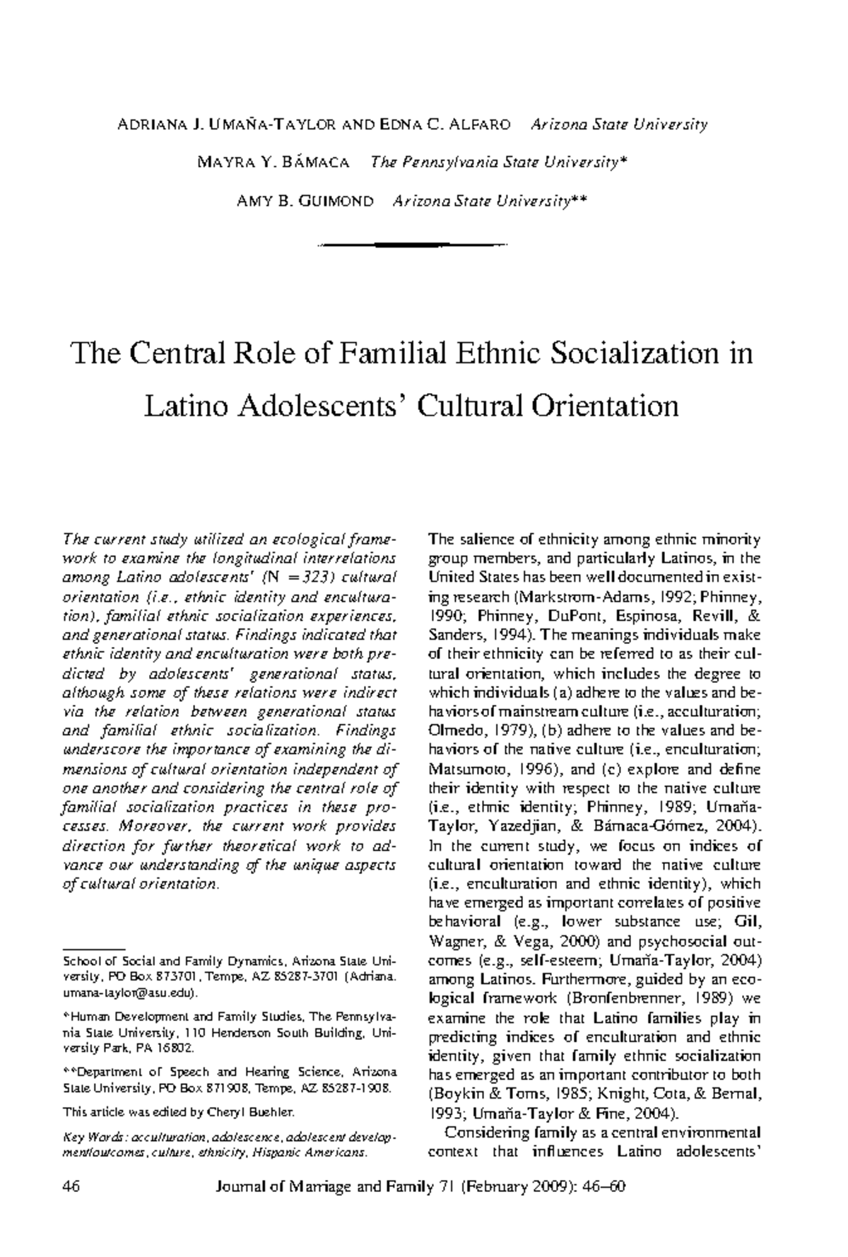 Familial Ethnic Socialization and Cultural Identity in Latino Youth: A ...