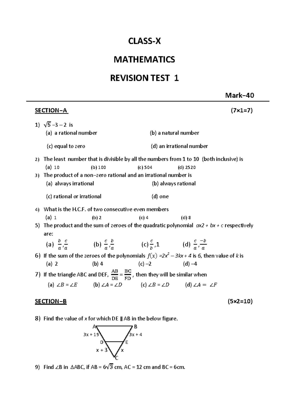 Rev test 1 - Practice worksheet - CLASS-X MATHEMATICS REVISION TEST 1 ...