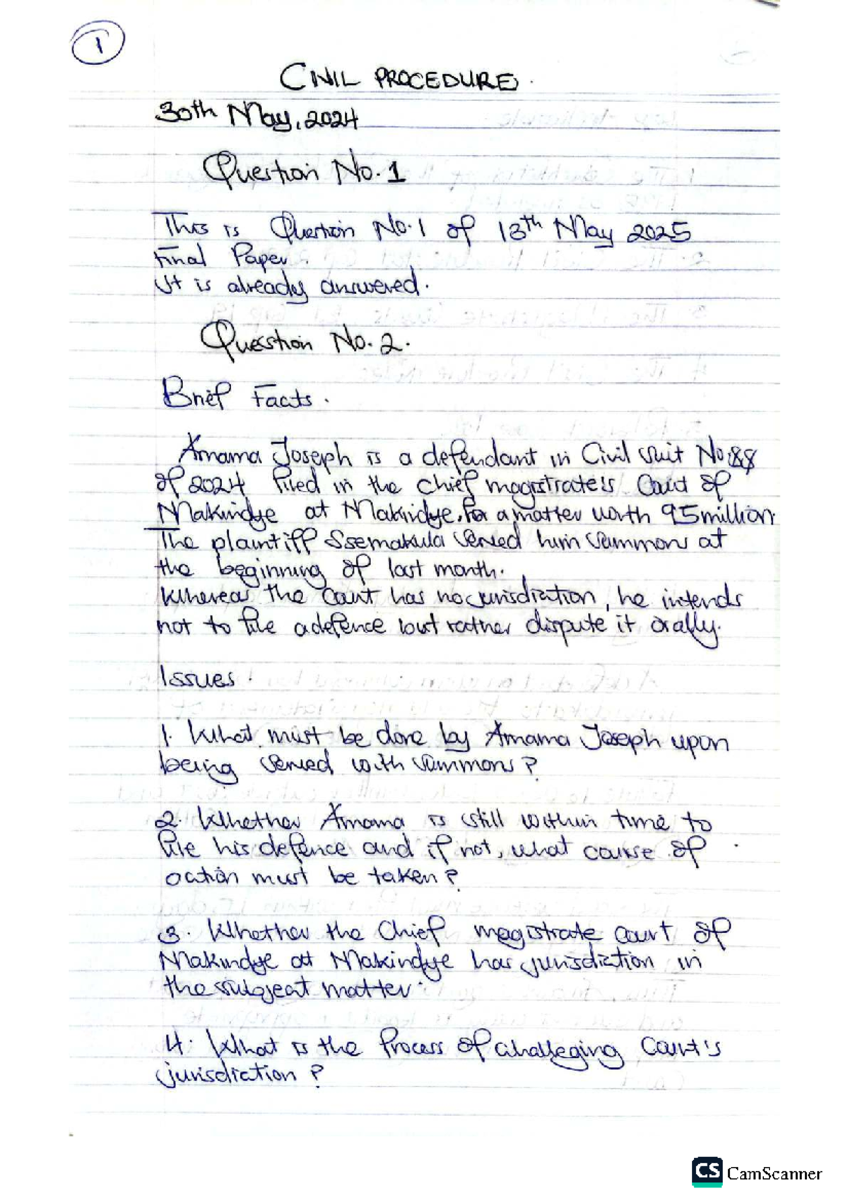 30th May 2024 Civil Procedure Final Exam Questions and Answers - Studocu