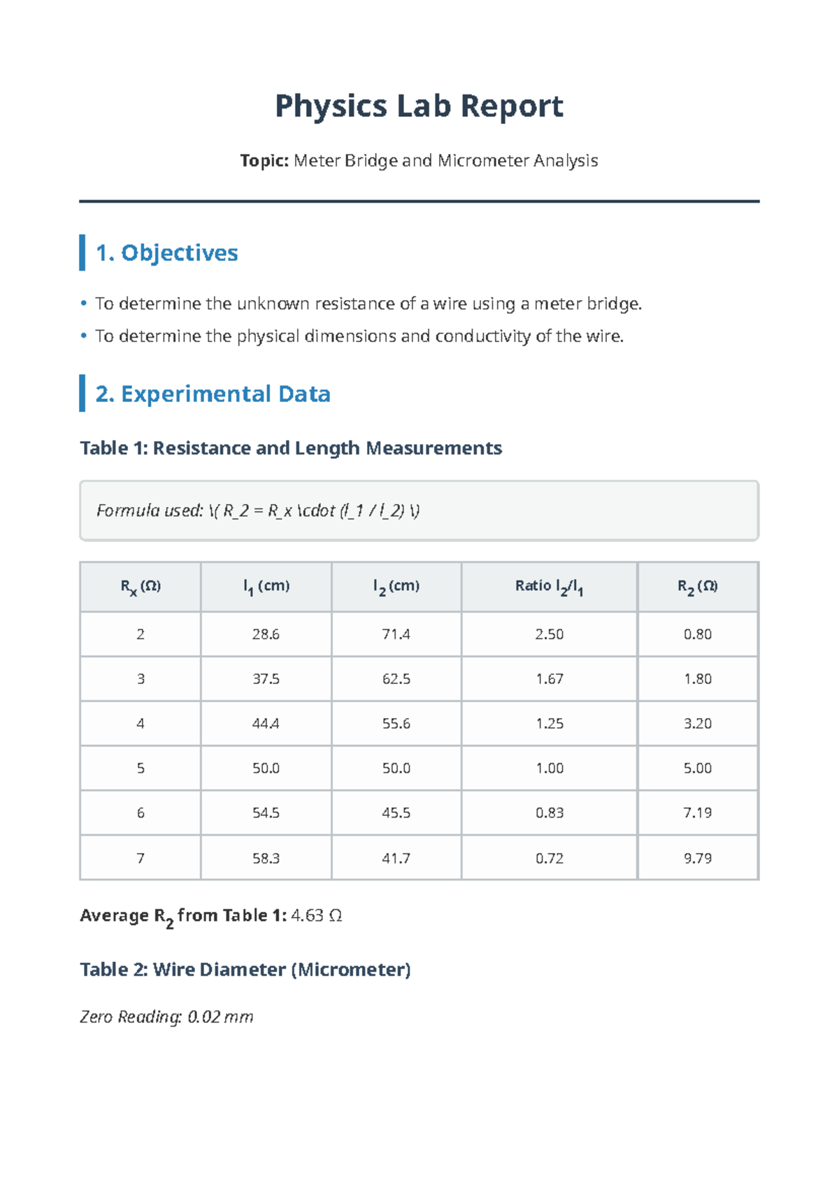 Physics Lab Report: Meter Bridge & Micrometer Analysis - Studocu