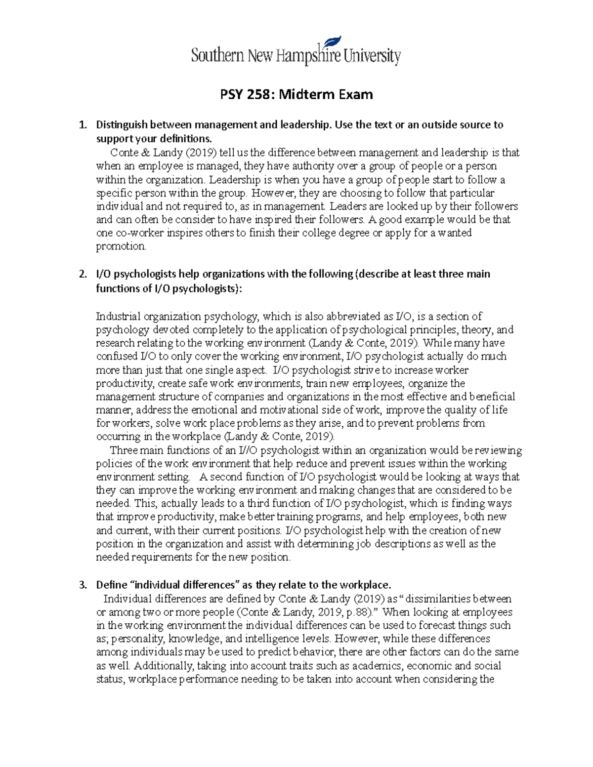 PSY 258: Midterm Exam Study Guide on I/O Psychology Concepts - Studocu