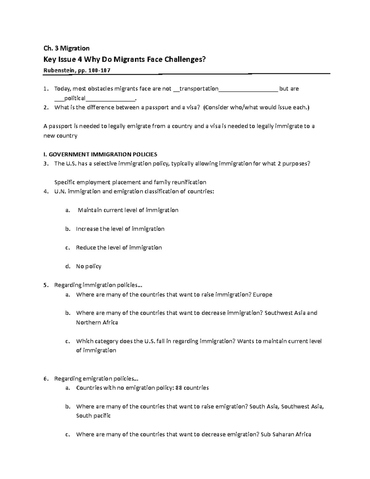 APHUG 3.4 Reading Notes: Migration Challenges & Policies Insights - Studocu