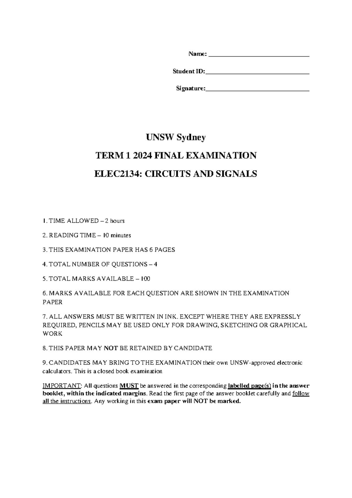 ELEC2134 Term 1 2024 Final Exam - Questions with Solutions - Studocu
