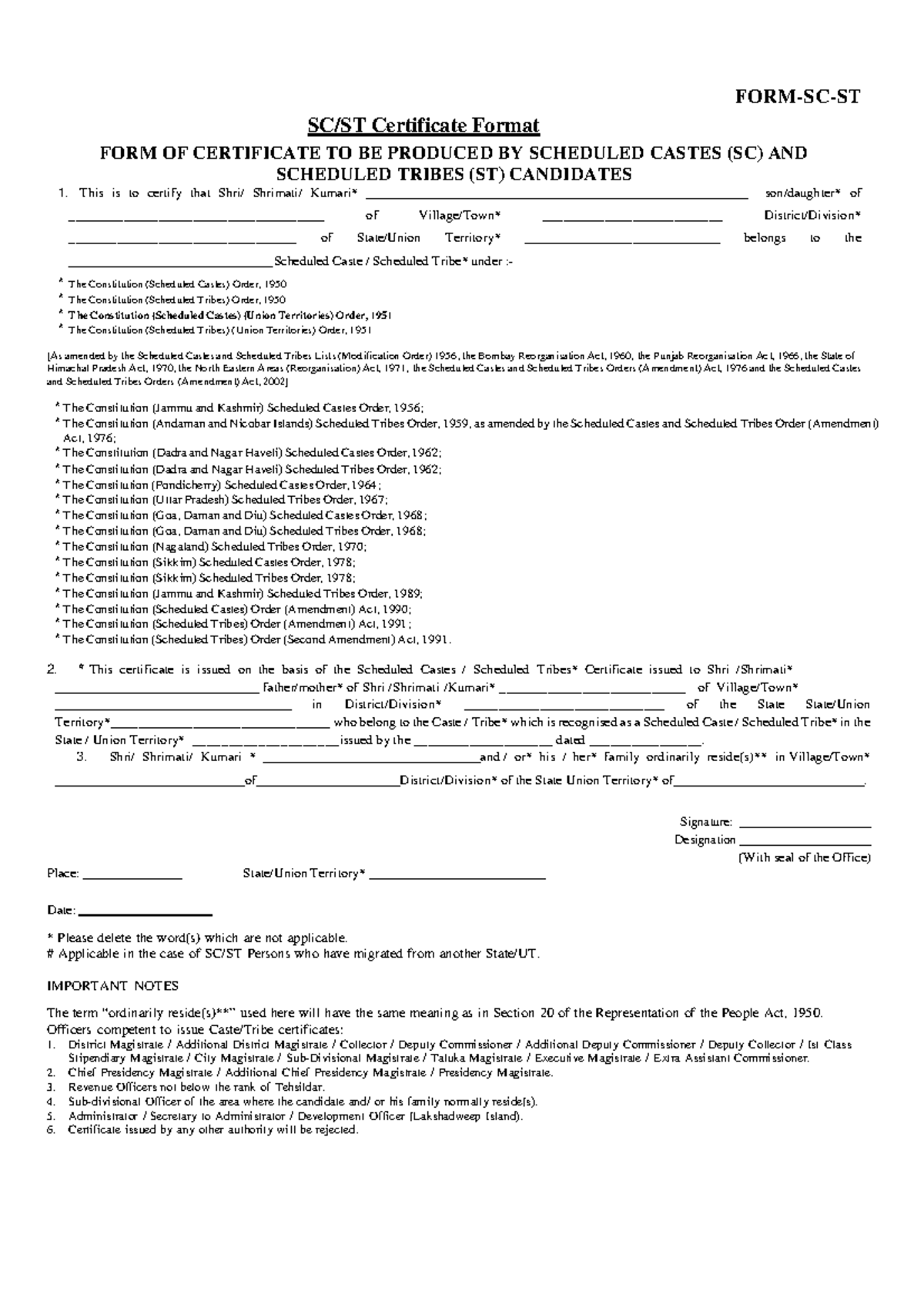 Certificate Format for SC/ST Candidates - Document 2025052958 - Studocu