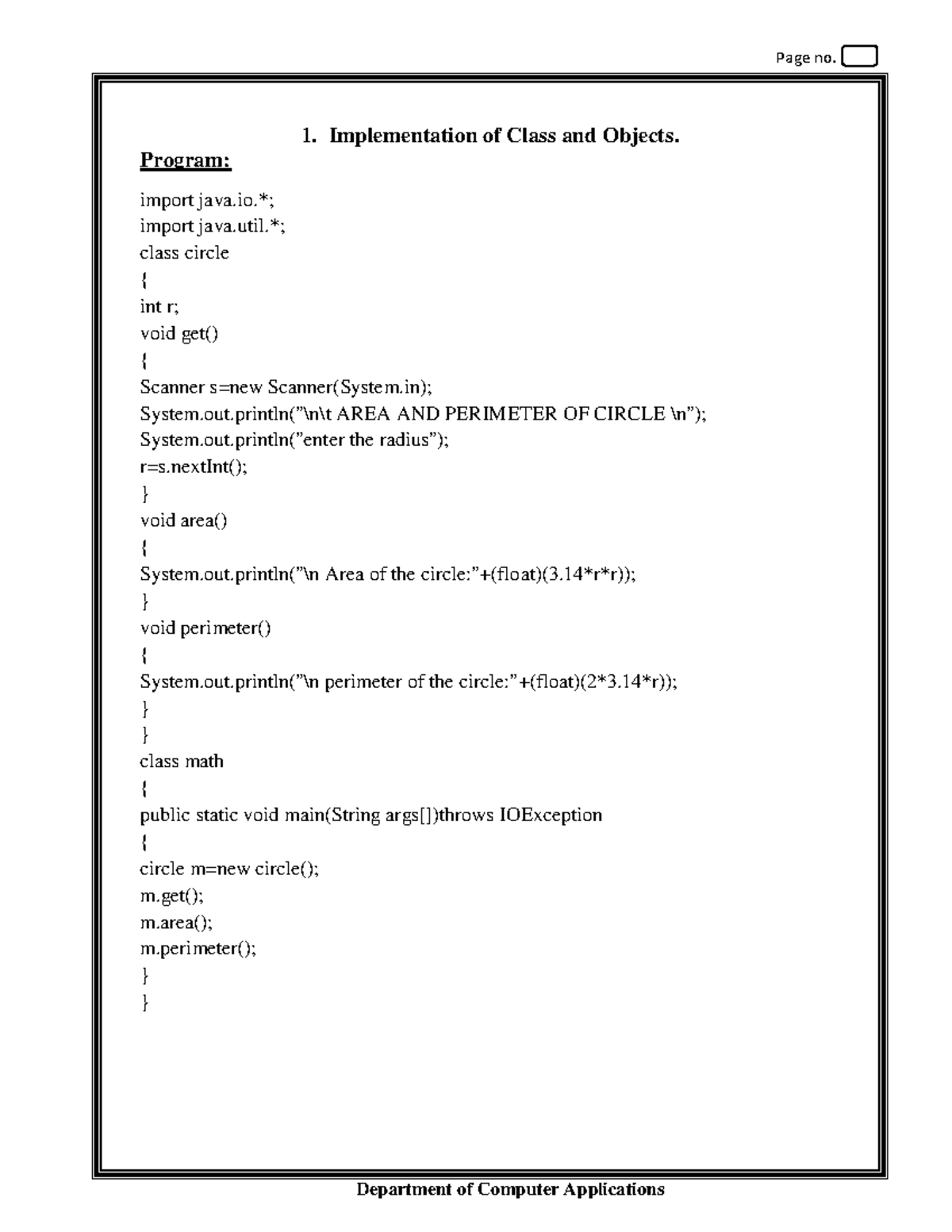 Java record - 1. Implementation of Class and Objects. Program: import ...