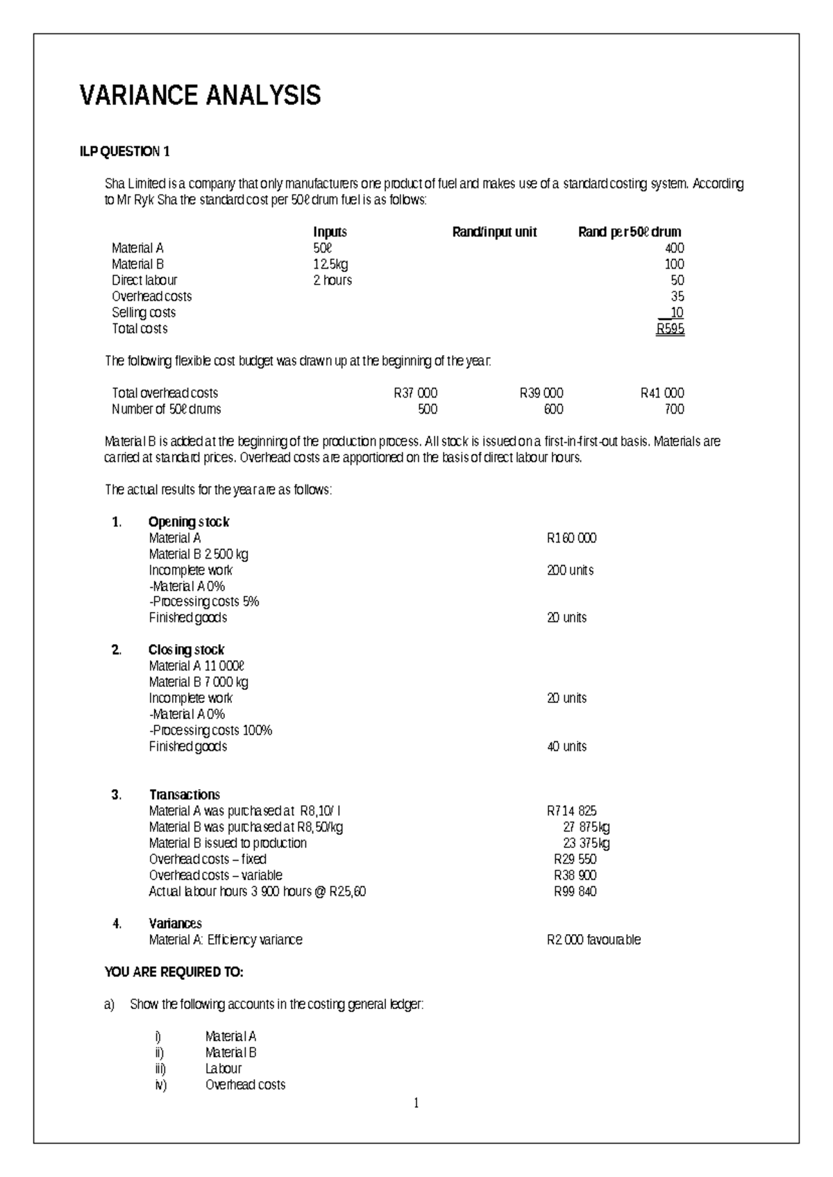 Variance Analysis and Cost Management for ILP 2023: Tutorial Questions ...