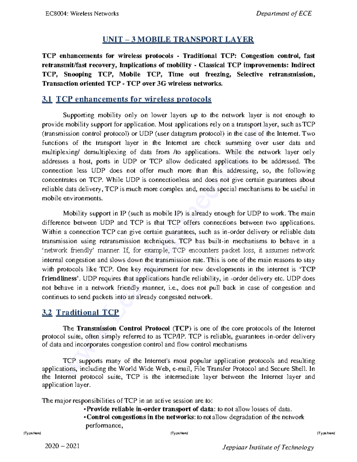 UNIT 3 - Enhancements to TCP in Wireless Environments - Studocu