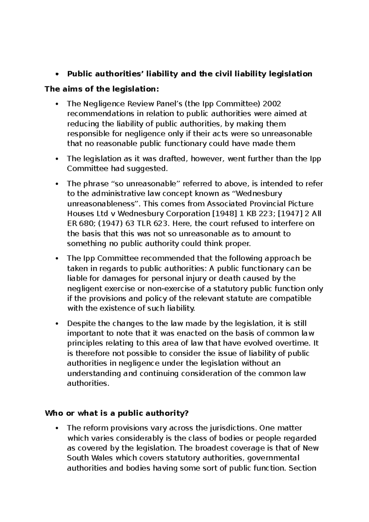 Public Authorities and Civil Liability Legislation: An Analysis - Studocu