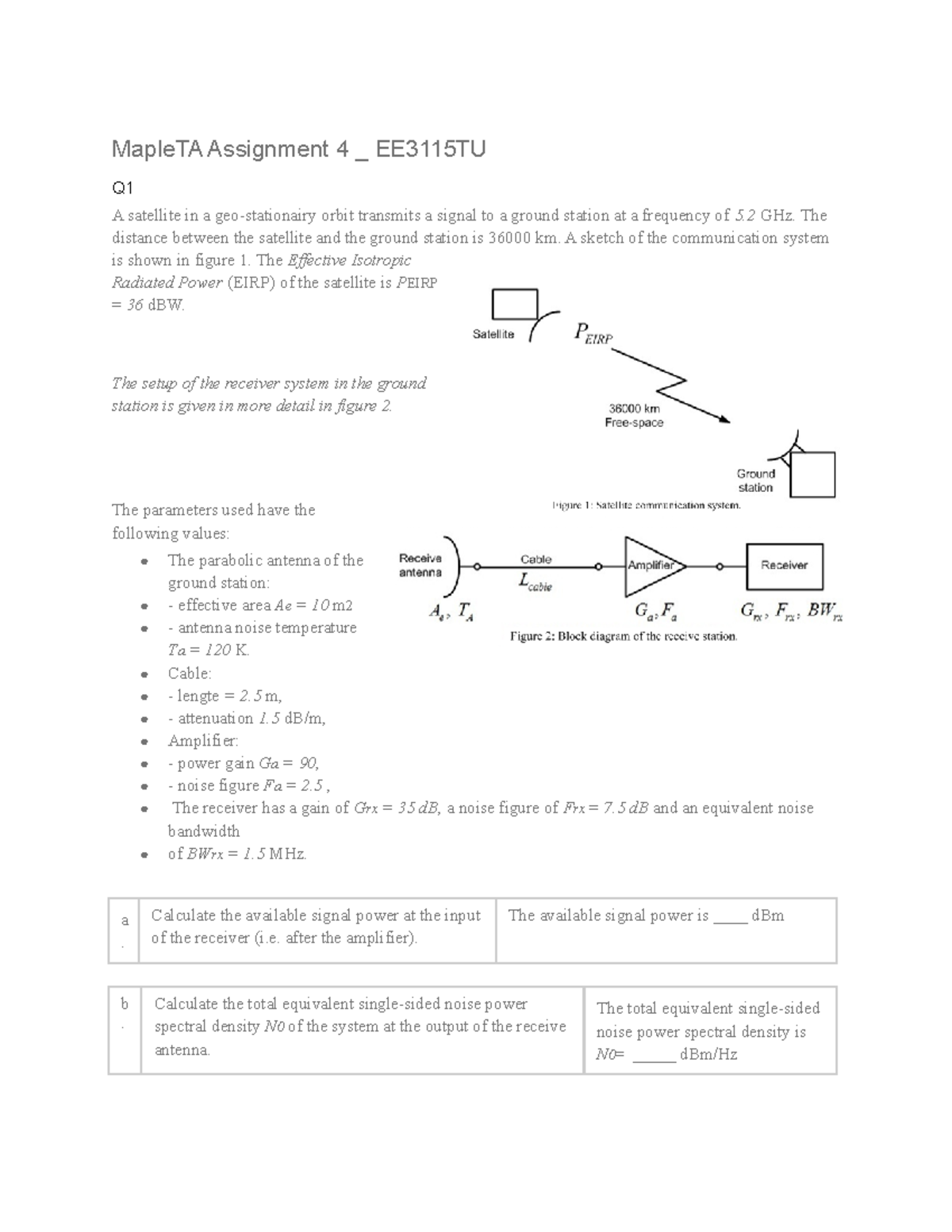 Maple TA Assignment 4 EE3115TU - Signal Power & Noise Analysis ...