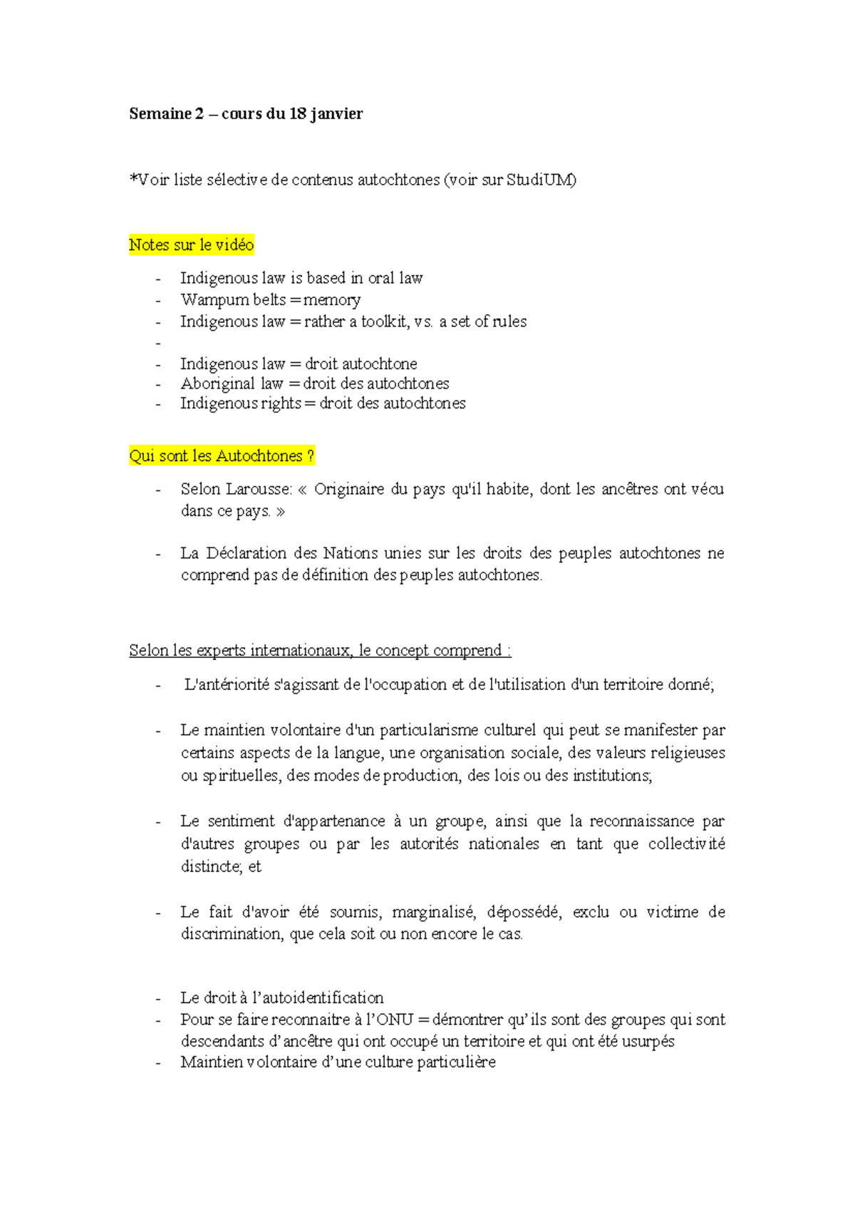 Semaine 2 - Cours sur le droit autochtone, 18 janvier - Studocu