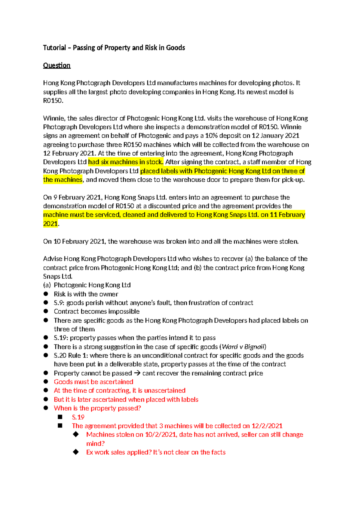 Tutorial: Transfer of Property and Risk in Goods - R0150 Case Study ...