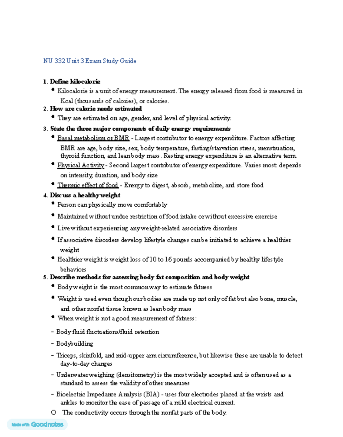 NU 332 Unit 3 Exam Study Guide: Nutrition Fundamentals and Assessments ...