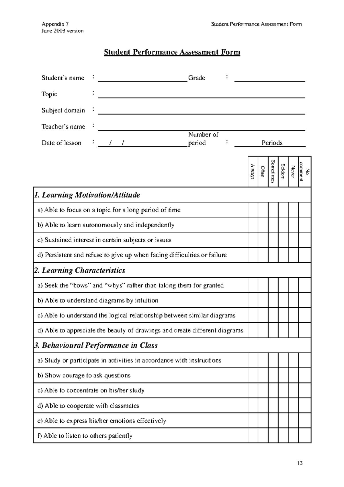 Students Performance Assessment Sheet - June 2003 Version - Studocu