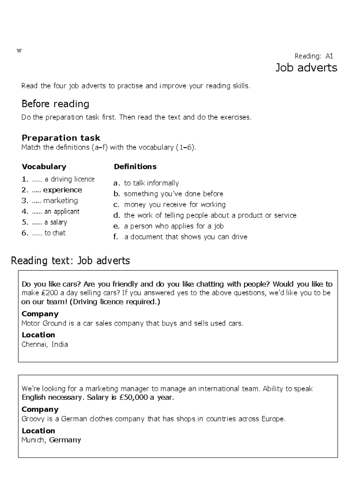 Learn English Reading A1: Job Adverts Practice - Studocu