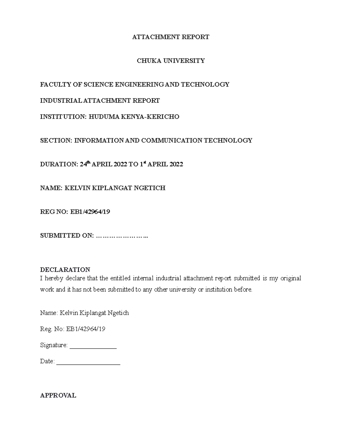 Industrial Attachment Report: BSc in Computer Science (ICT) at Huduma ...