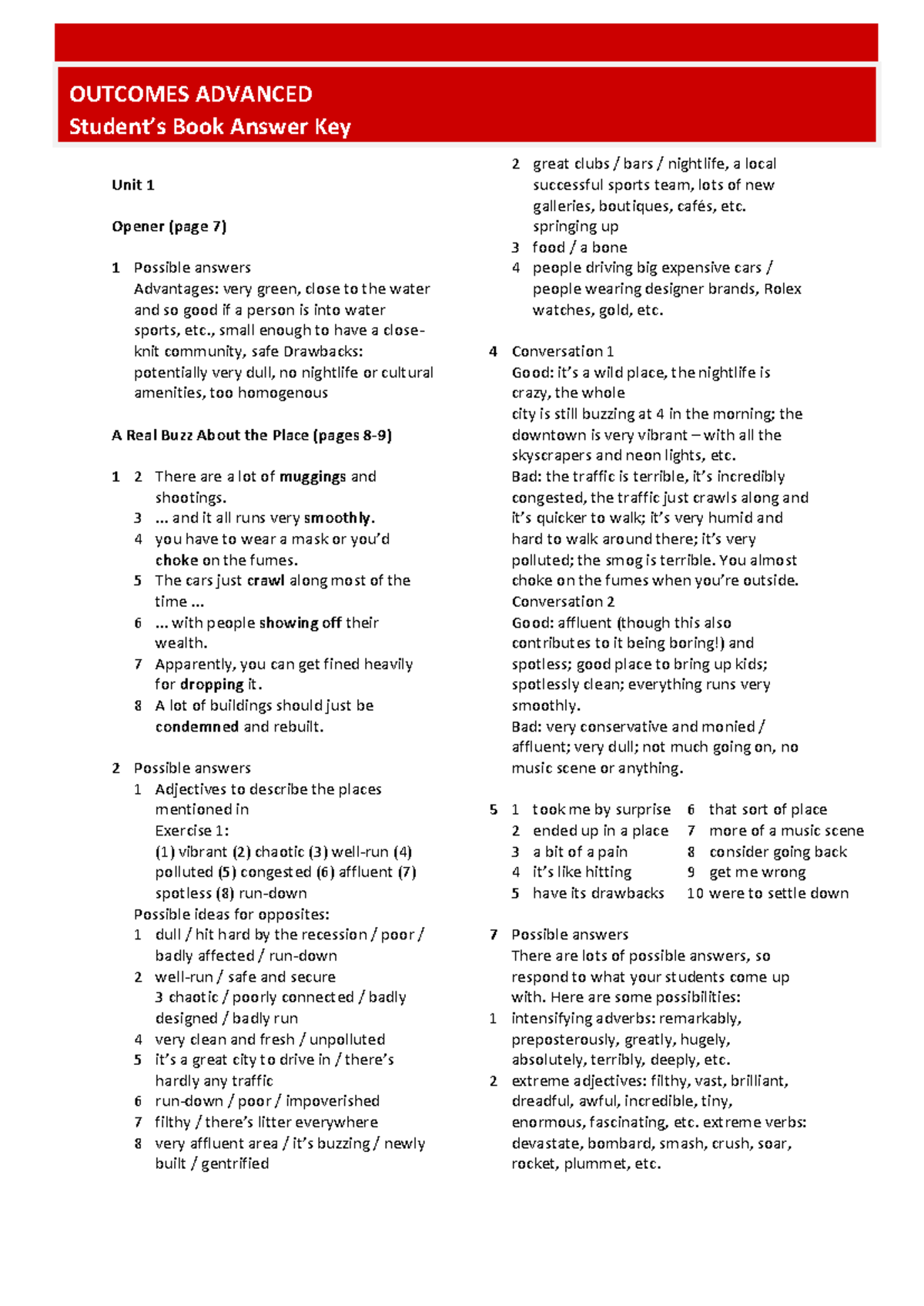 Outcomes 1 Advanced Answer Key for Student's Book - Studocu
