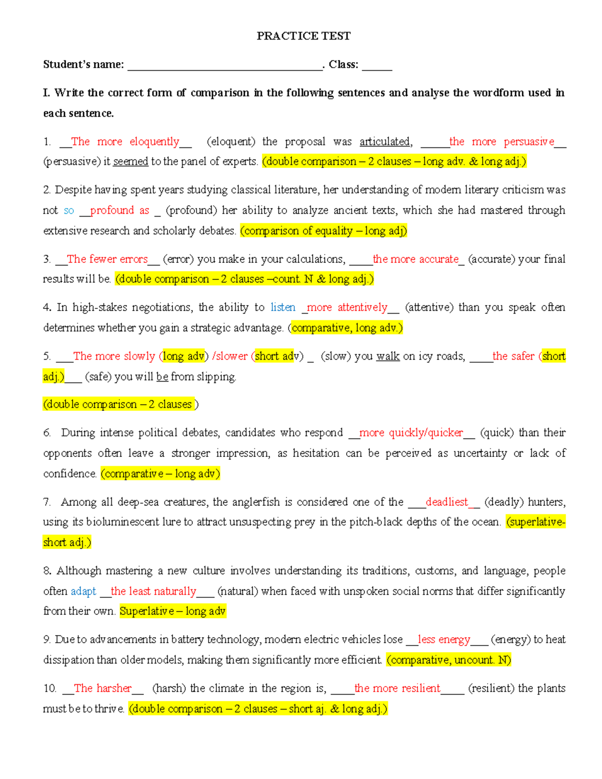 Comparison Forms Practice Test (Mini Test) - Studocu