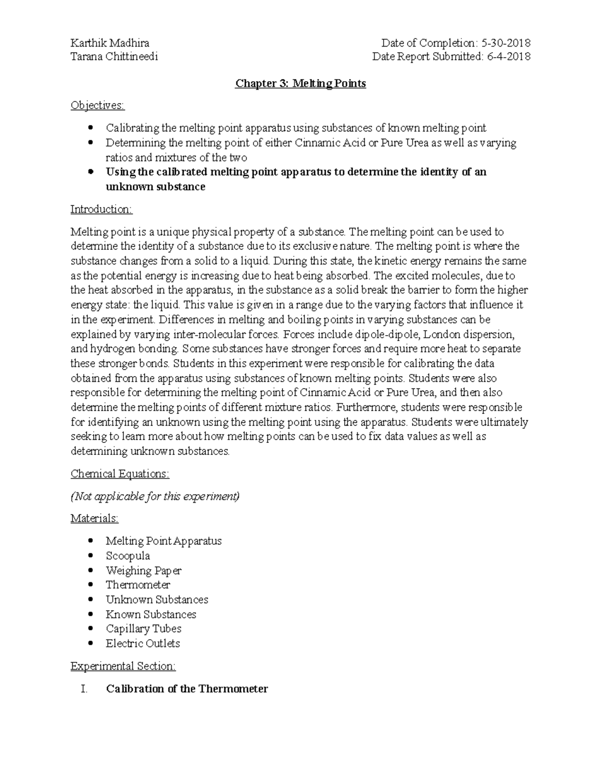 Melting Point Lab Report (CH 3): Cinnamic Acid & Pure Urea Analysis ...