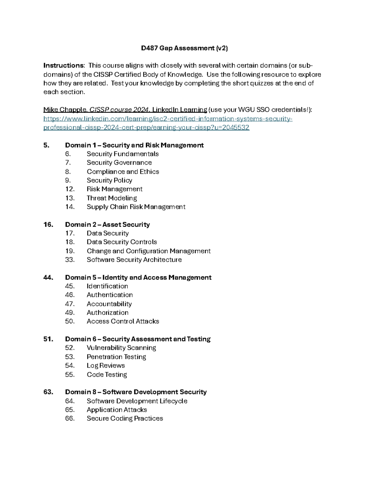 D487 Gap Assessment v2 - CISSP Domains Overview and Quizzes - Studocu