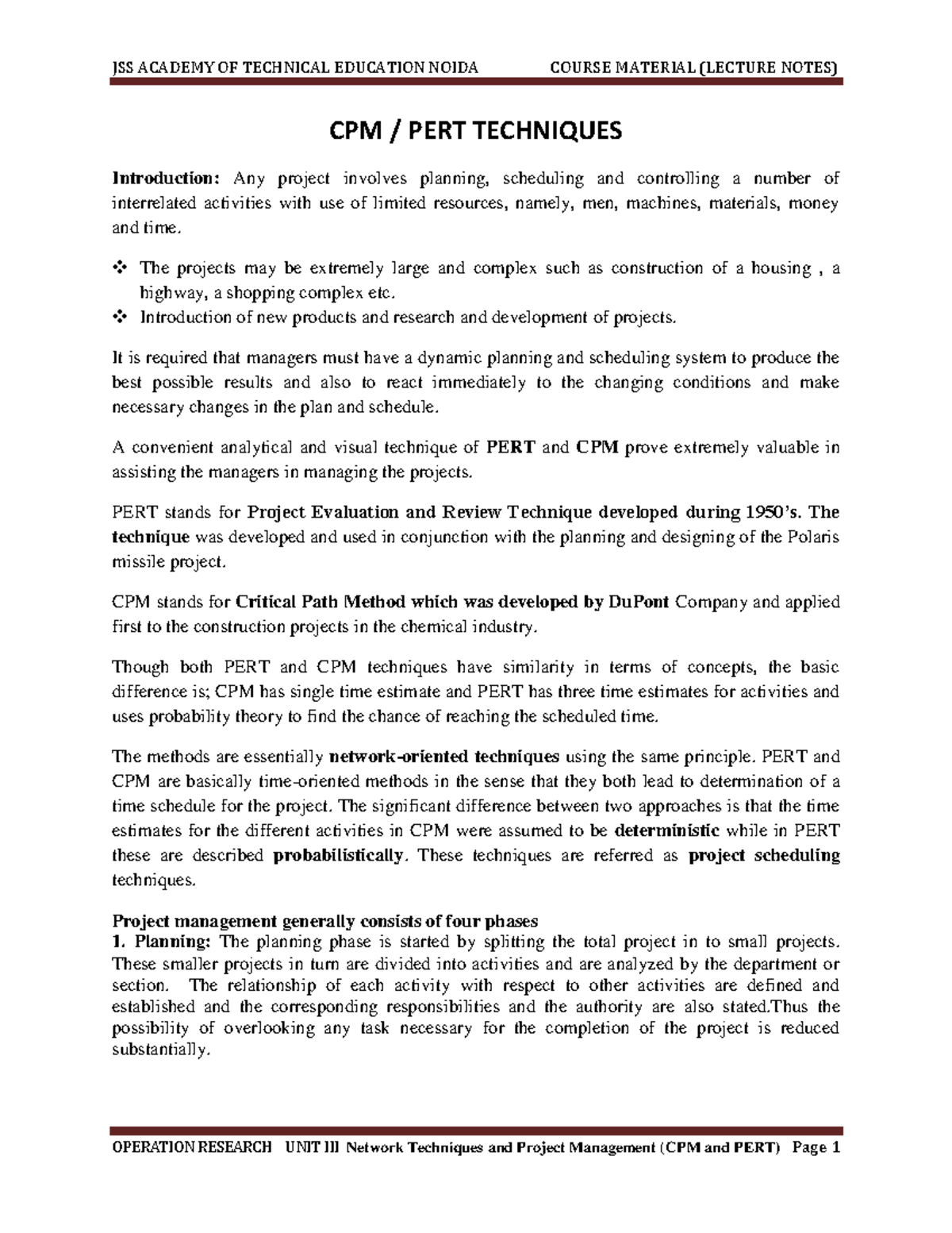 UNIT III CPM PERT Techniques Study Notes - Studocu