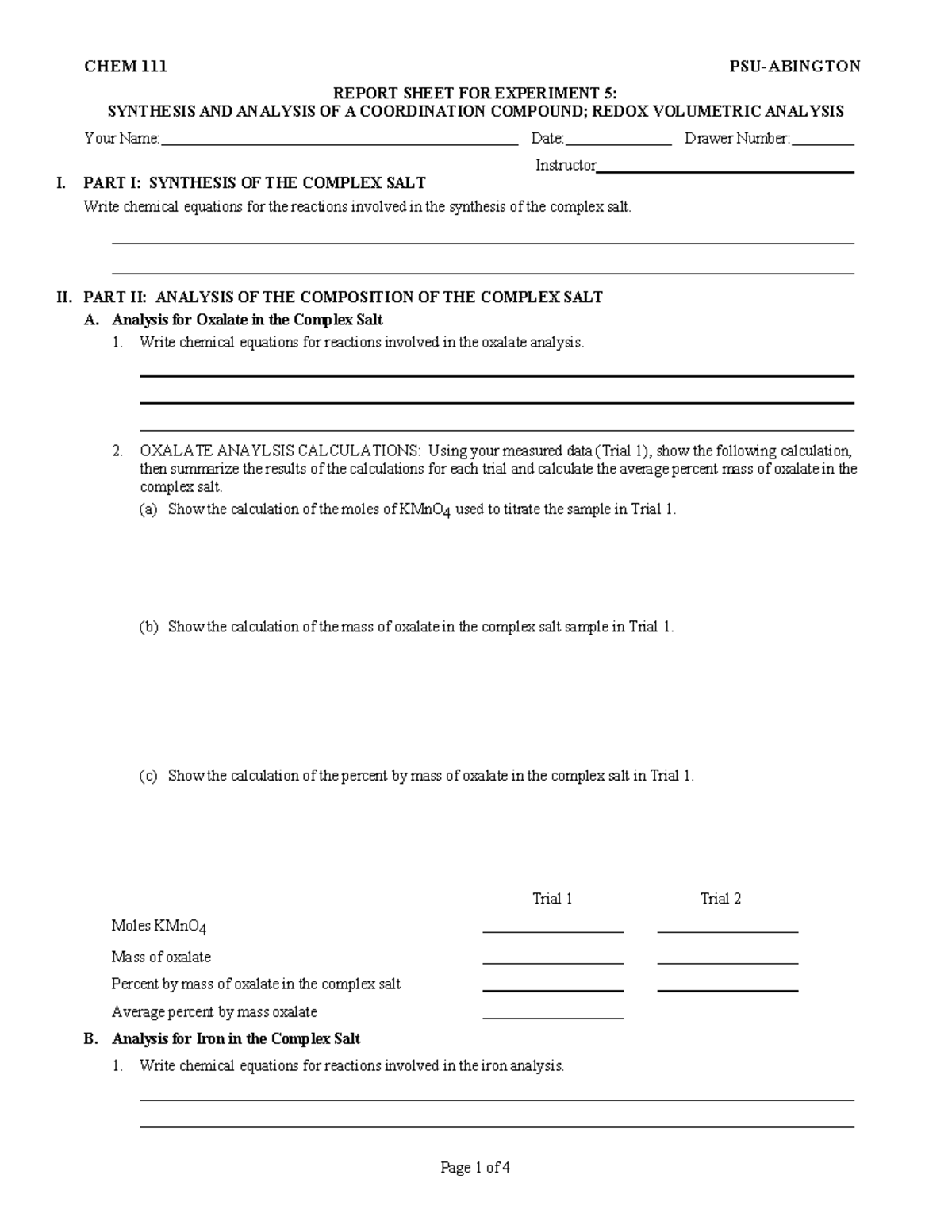 CHEM 111 REPORT SHEET: EXPERIMENT 5 - COORDINATION REDOX ANALYSIS - Studocu
