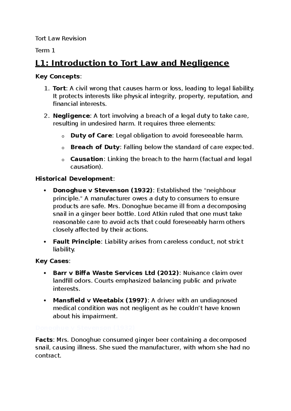Tort Law Revision Term 1: Key Concepts in Negligence and Liability ...