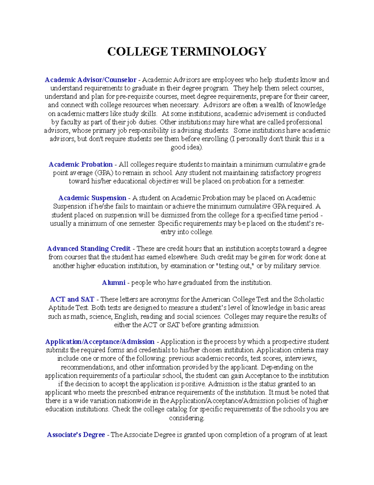 College Terminology Guide: Key Concepts for Students (1) - Studocu