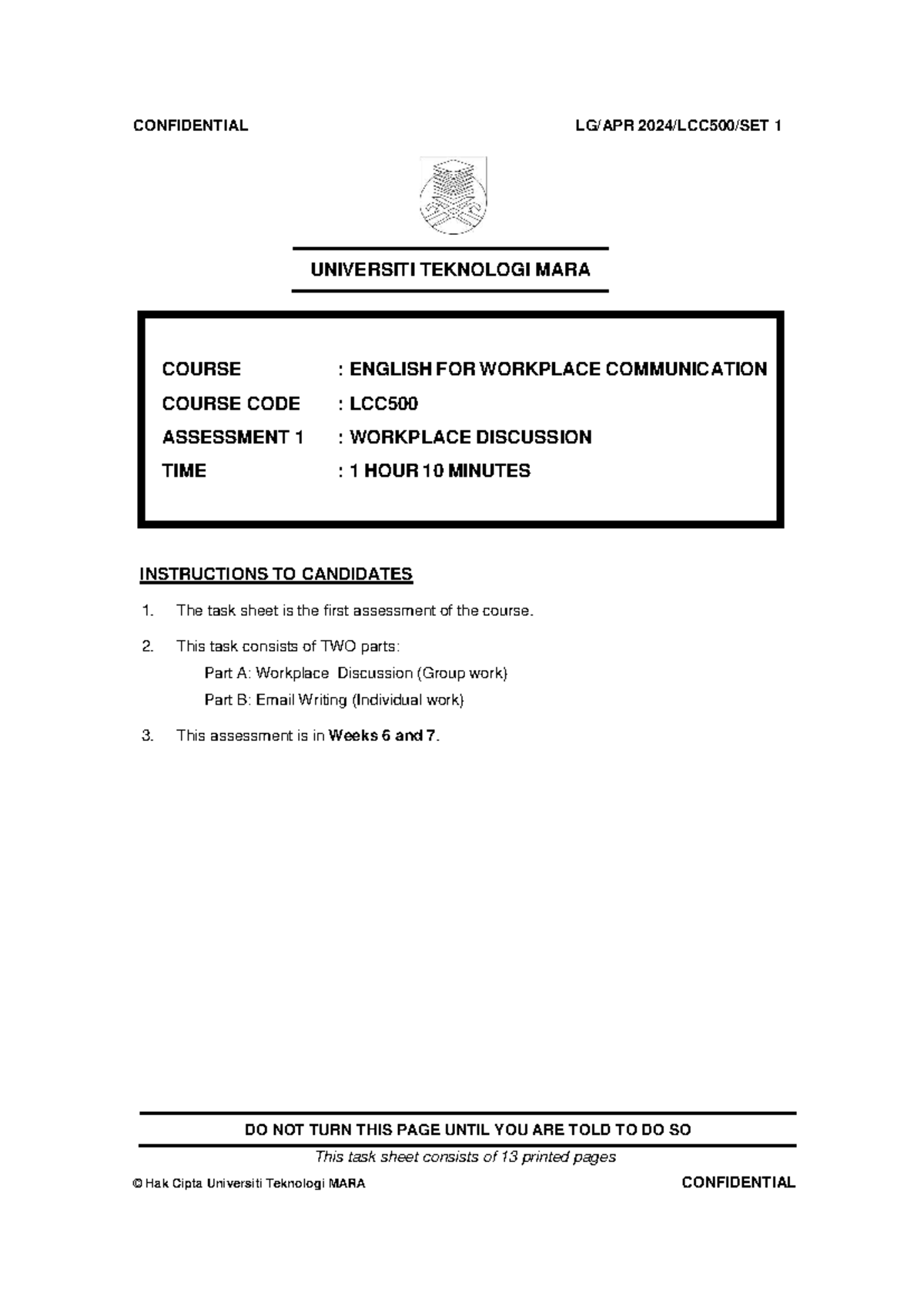 LCC500 20242 Assessment 1: Workplace Discussion & Email Writing - Studocu
