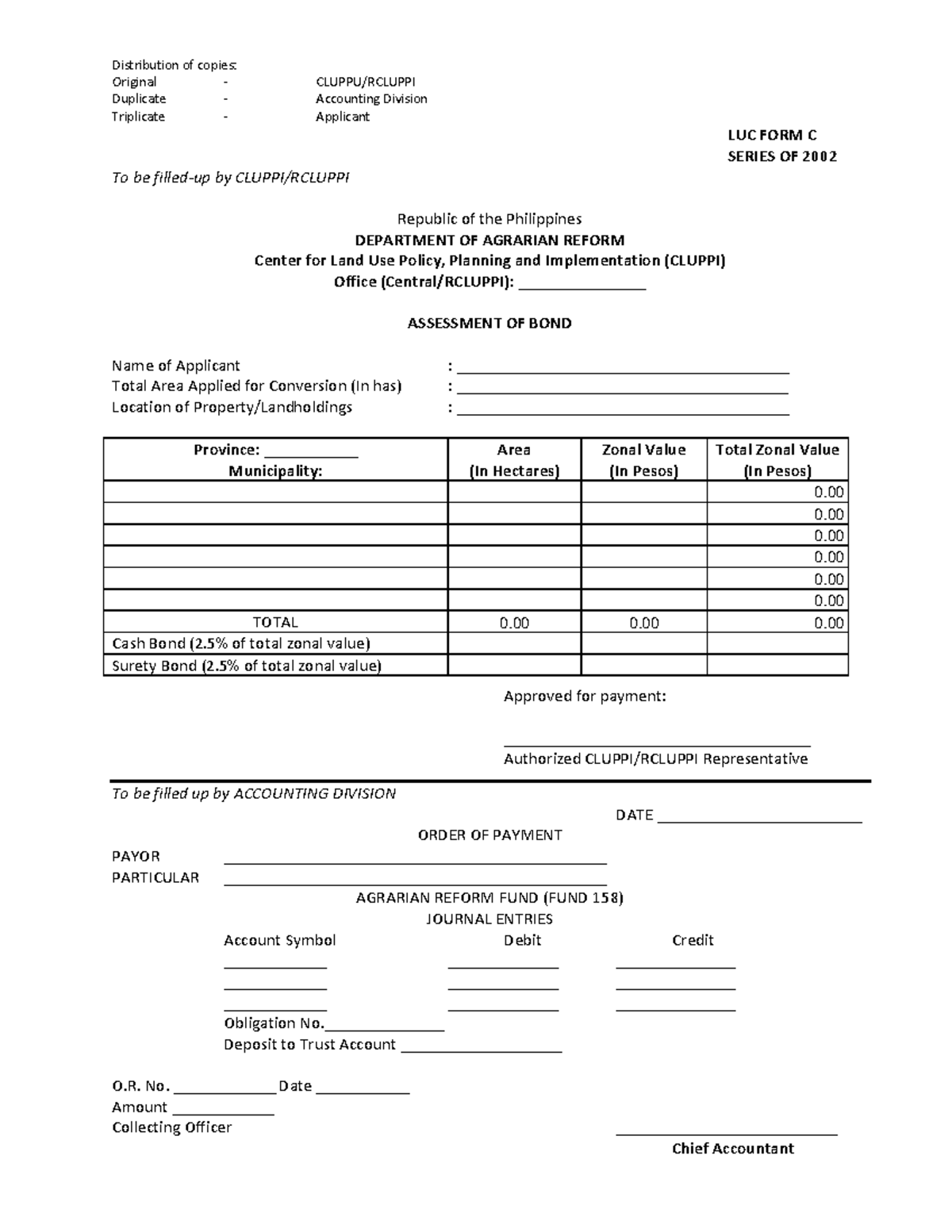 DAR LUC FORM C 2002: Assessment of Bond for Land Conversion - Studocu