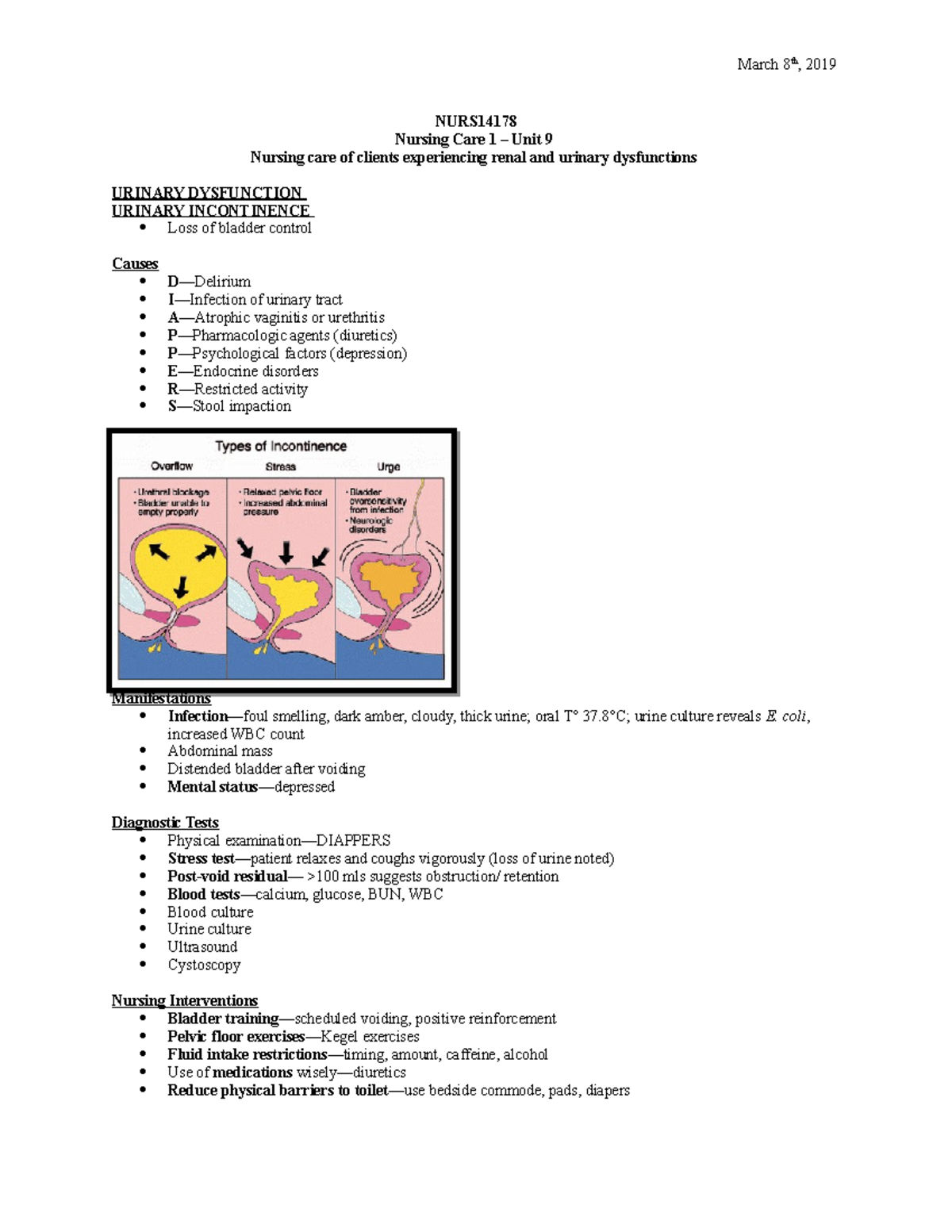NURS14178 - Week 9 - Lecture Notes on Renal & Urinary Dysfunction - Studocu