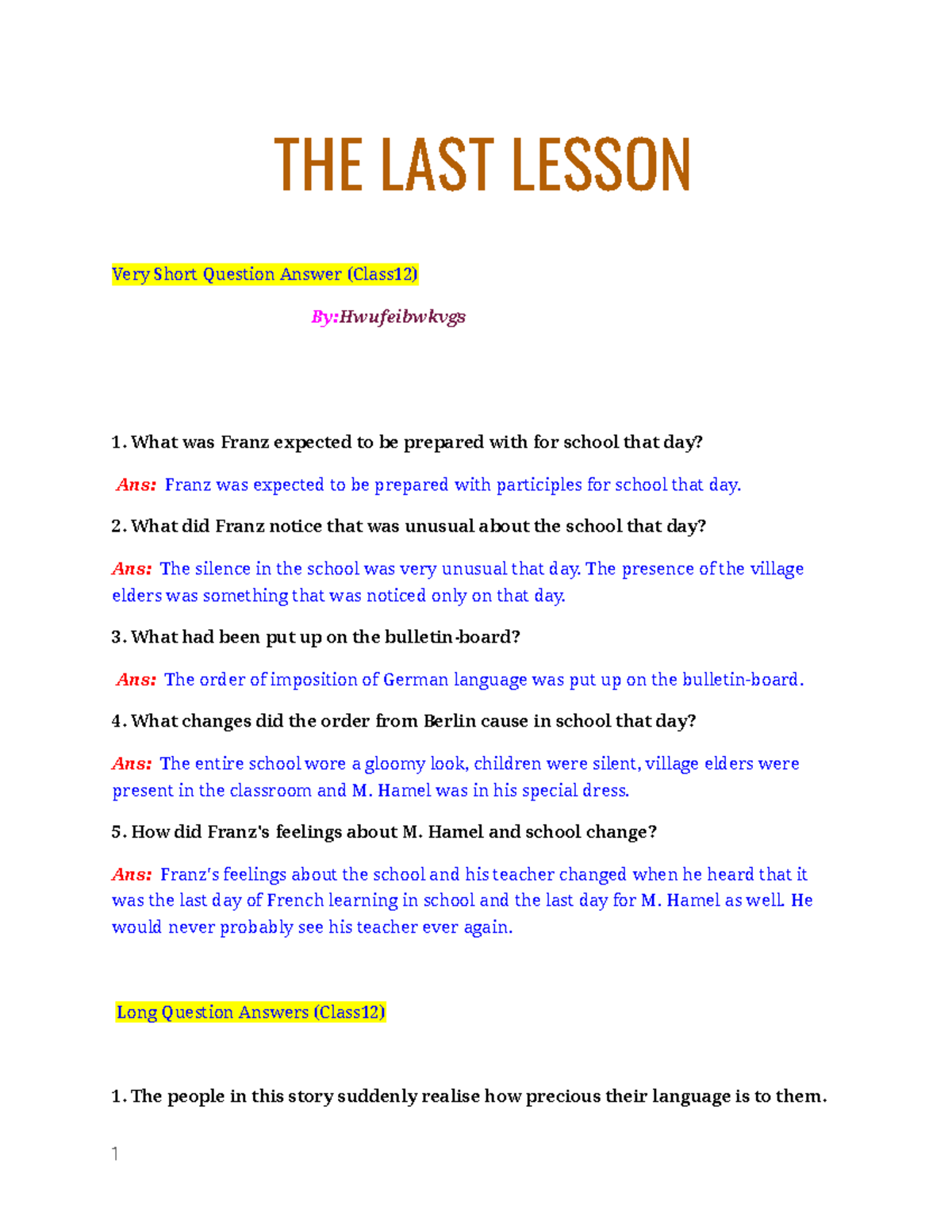 THE LAST Lesson Question Answers   THE LAST LESSON Very Short ...