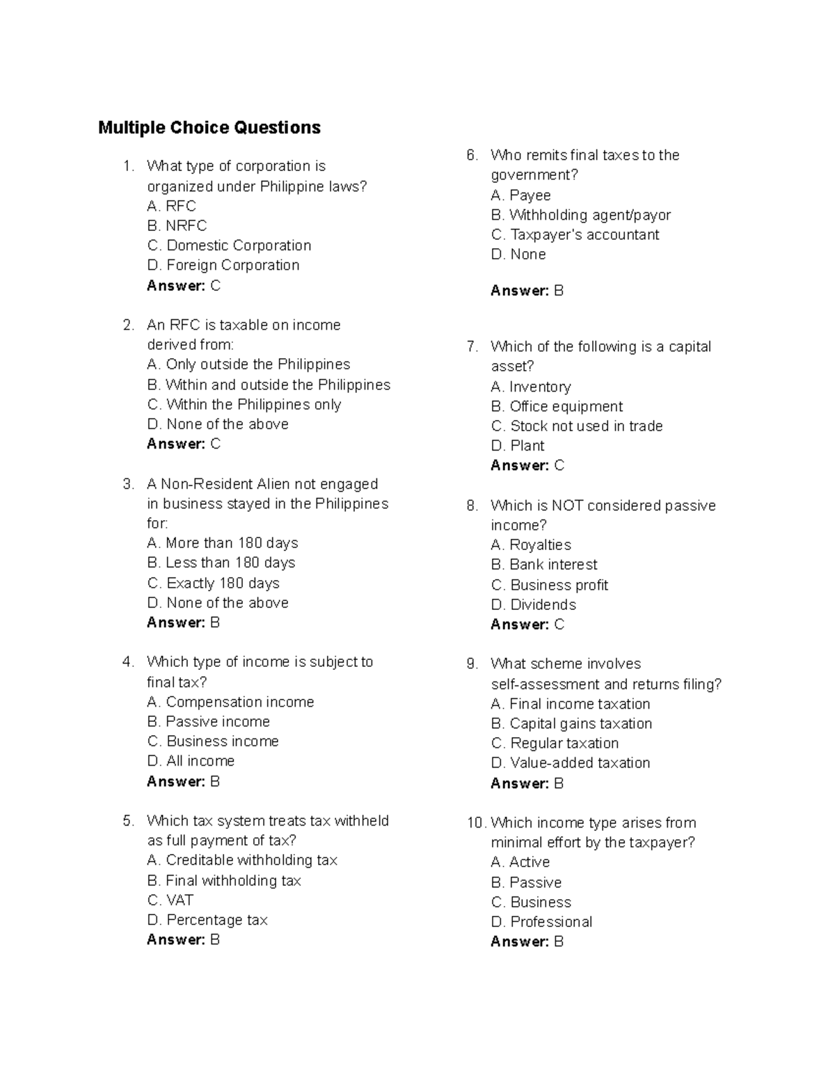 Income Tax - Final Tax Quizlet (Multiple Choice Questions) - Studocu