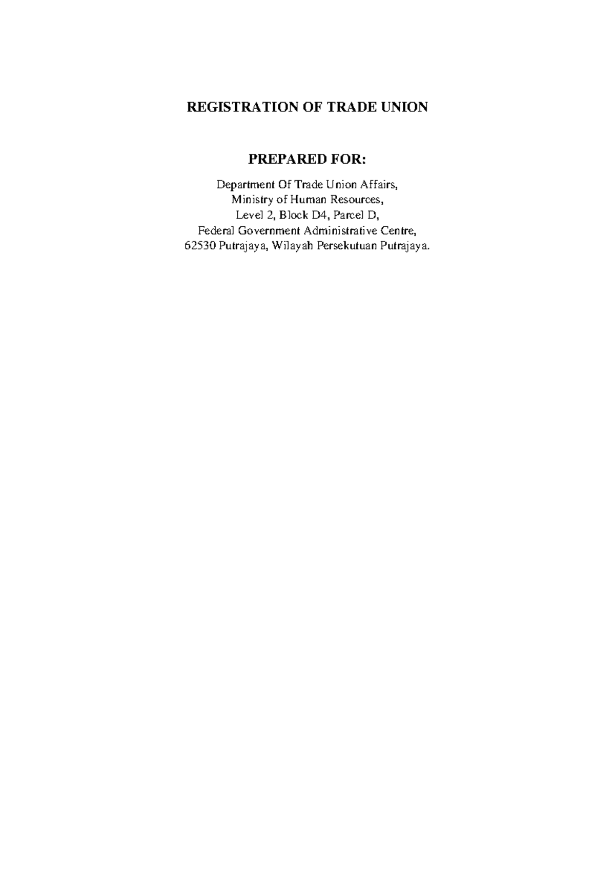 Trade Union Registration - REGISTRATION OF TRADE UNION PREPARED FOR ...