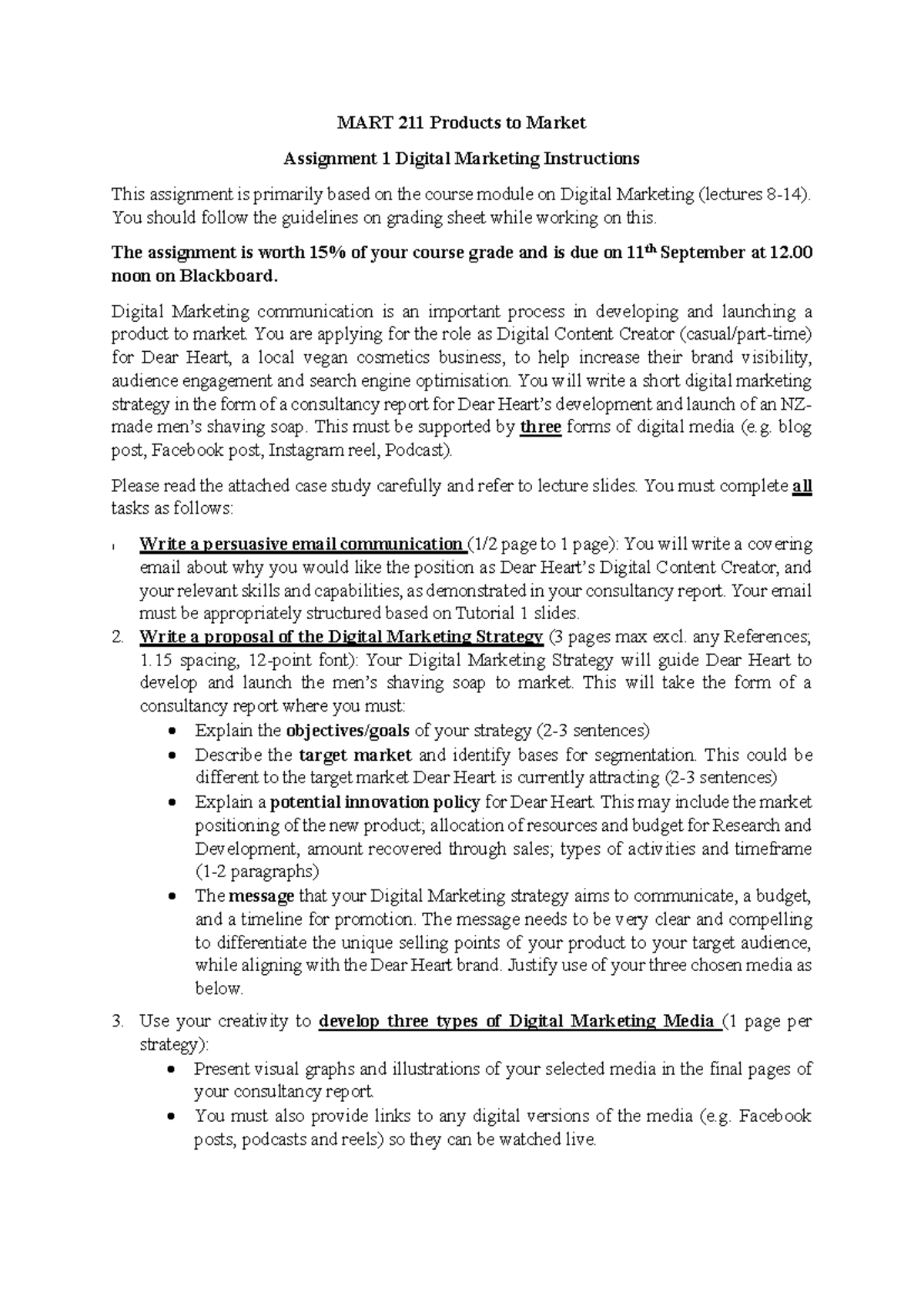 MART 211 Assignment 1: Digital Marketing Strategy for Dear Heart - Studocu