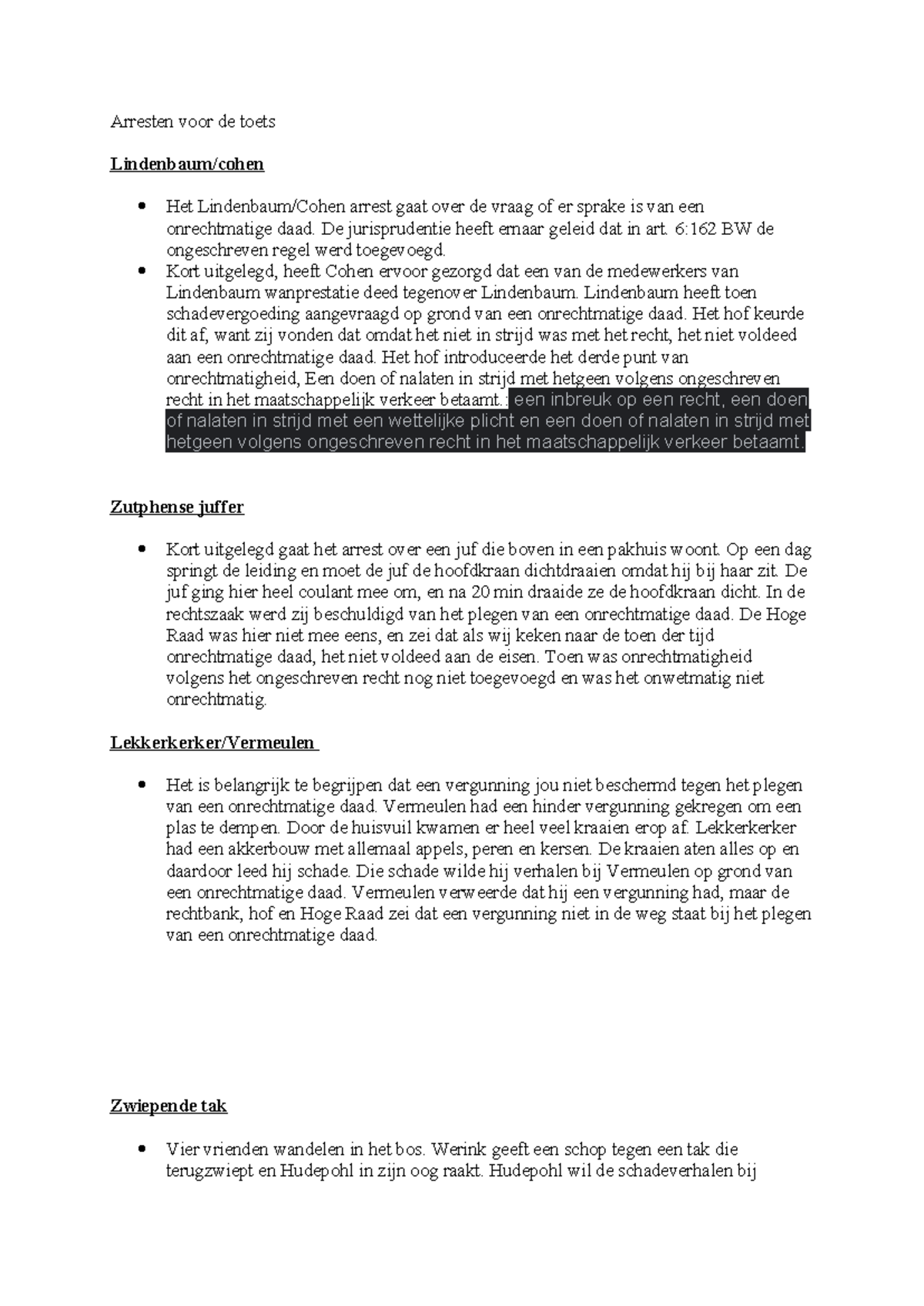 Samenvatting van arresten voor toets 2: Onrechtmatige Daden - Studeersnel