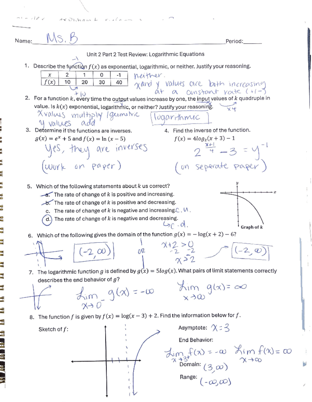 Math 101 Final Exam Review: Logarithmic Equations and Inverses - Studocu