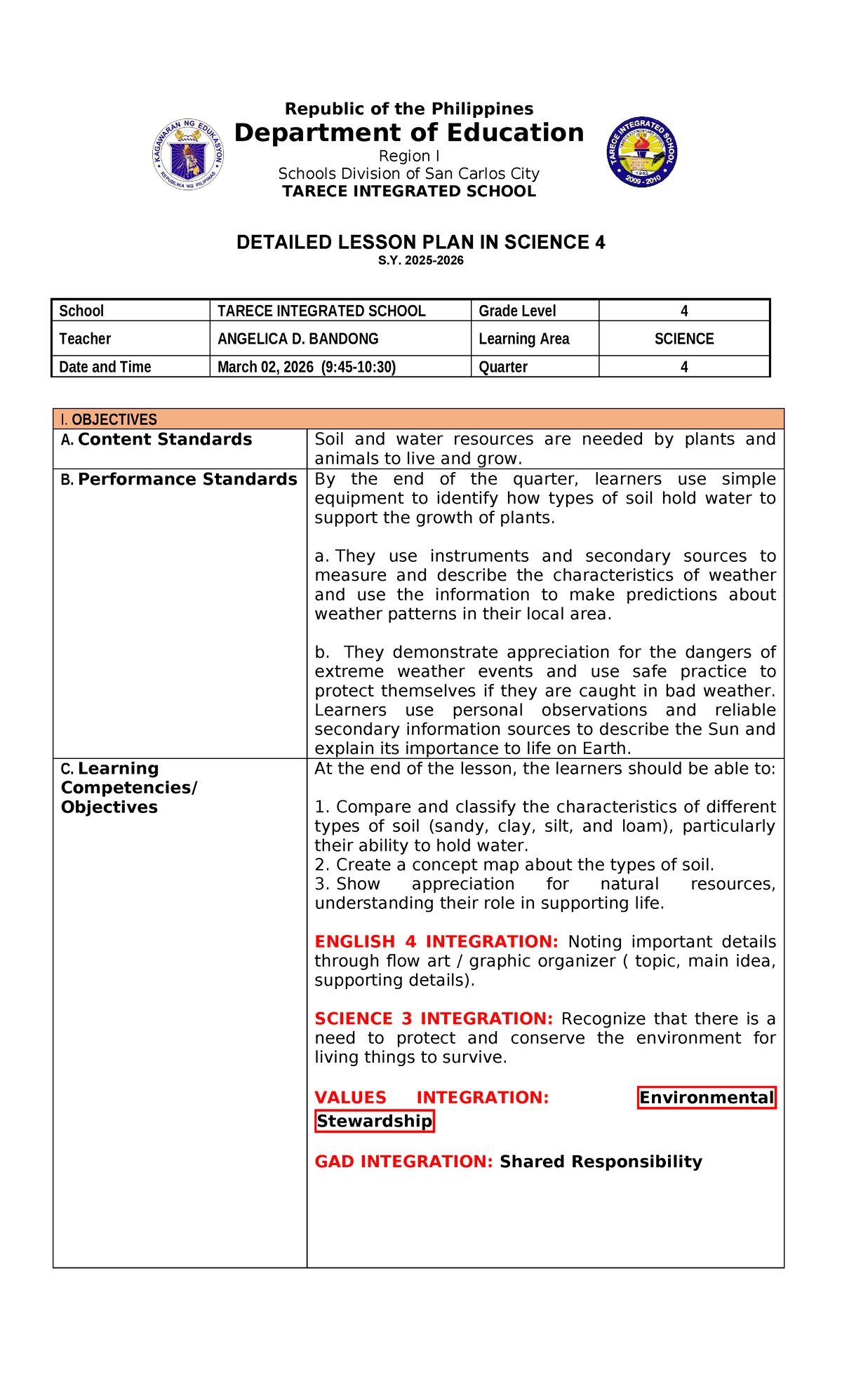 Detailed Lesson Plan in Science 4 (S.Y. 2026) - Types of Soil and Their ...