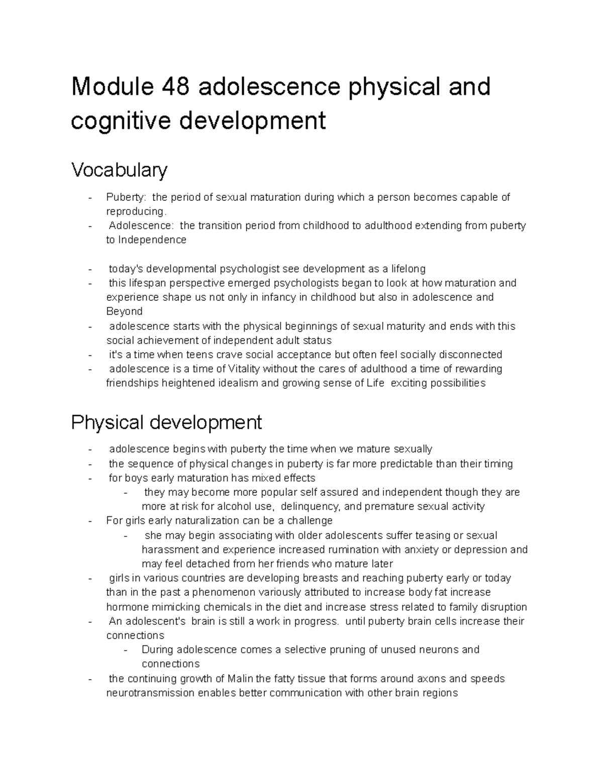 Module 48 & 49 AP Psych: Adolescence Physical & Cognitive Dev. Notes ...