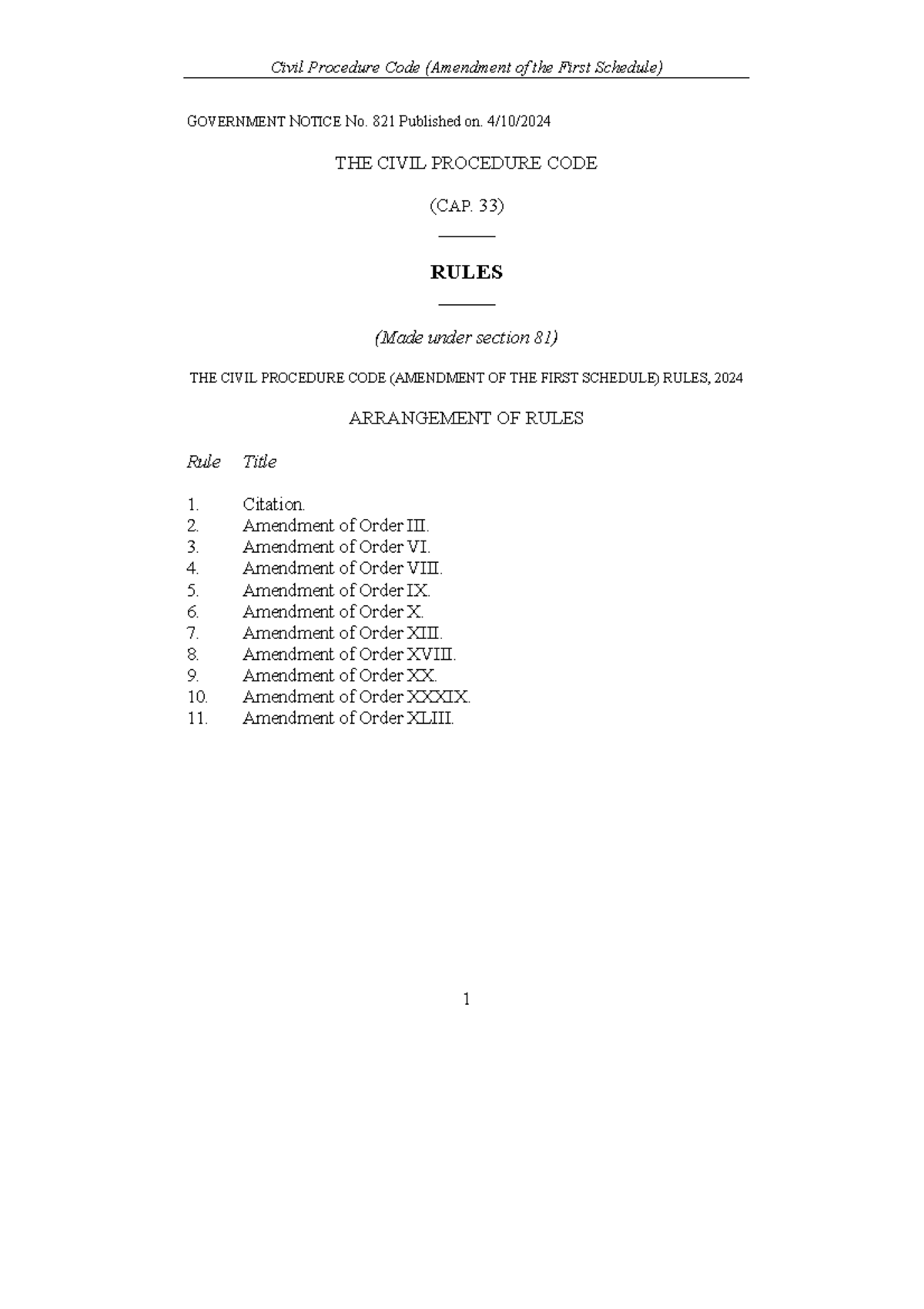 Civil Procedure Code (Amendment) Rules 2024 - Government Notice 821 ...