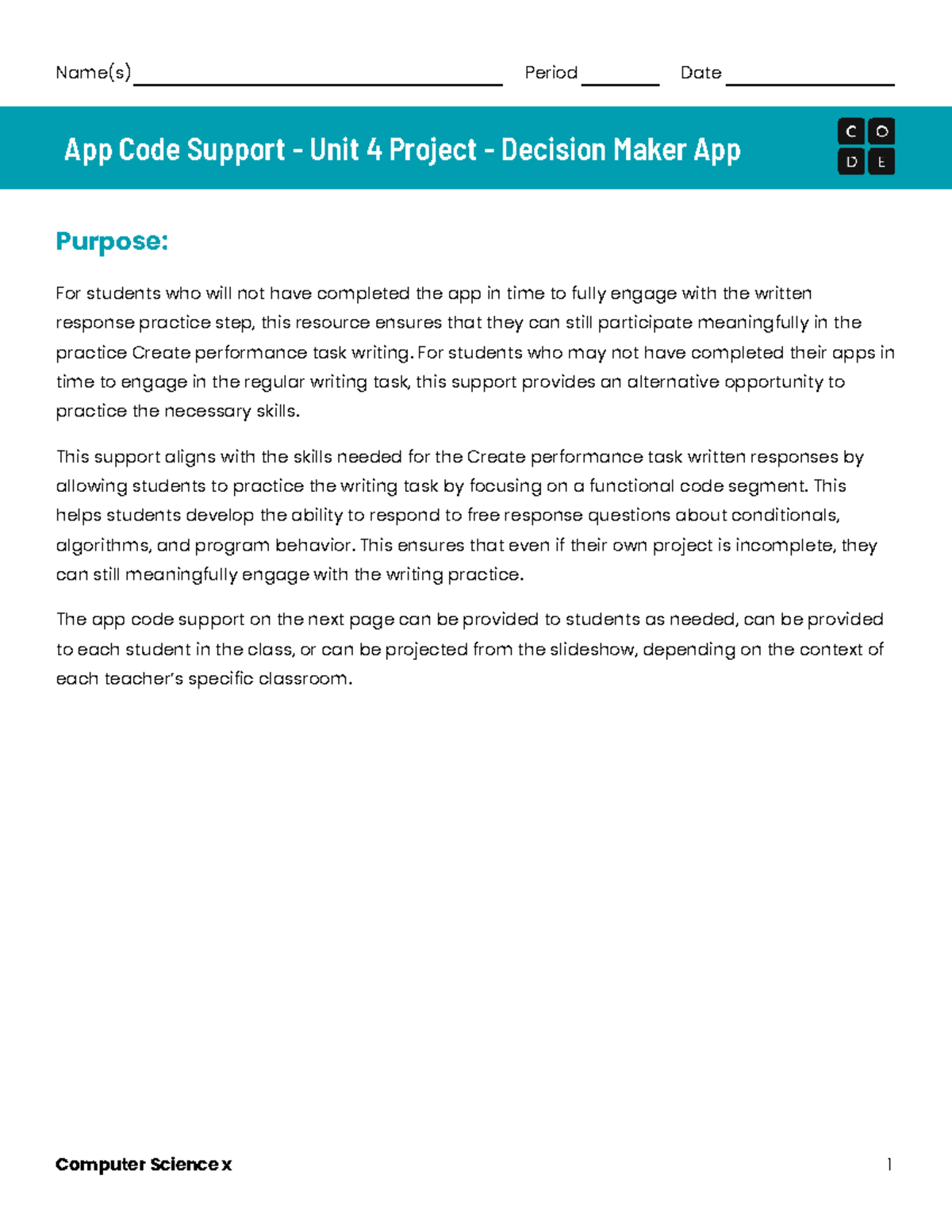 Unit 4 - App Code Support - Unit 4 - End of Unit FRQ - Name(s) Period ...