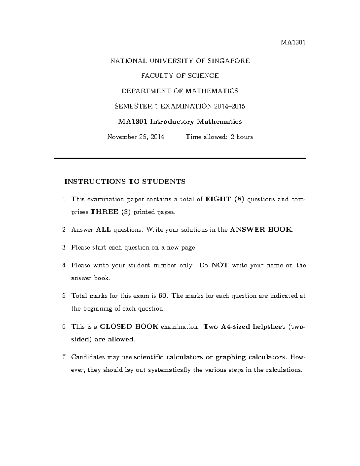 MA1301 Final Exam Paper - Introductory Mathematics (2014) - Studocu