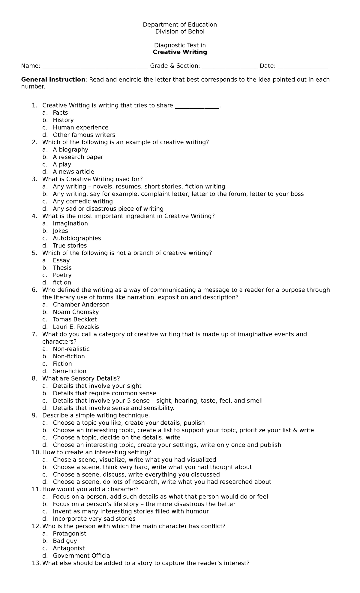 Creative Writing Diagnostic Test - Department of Education - Studocu