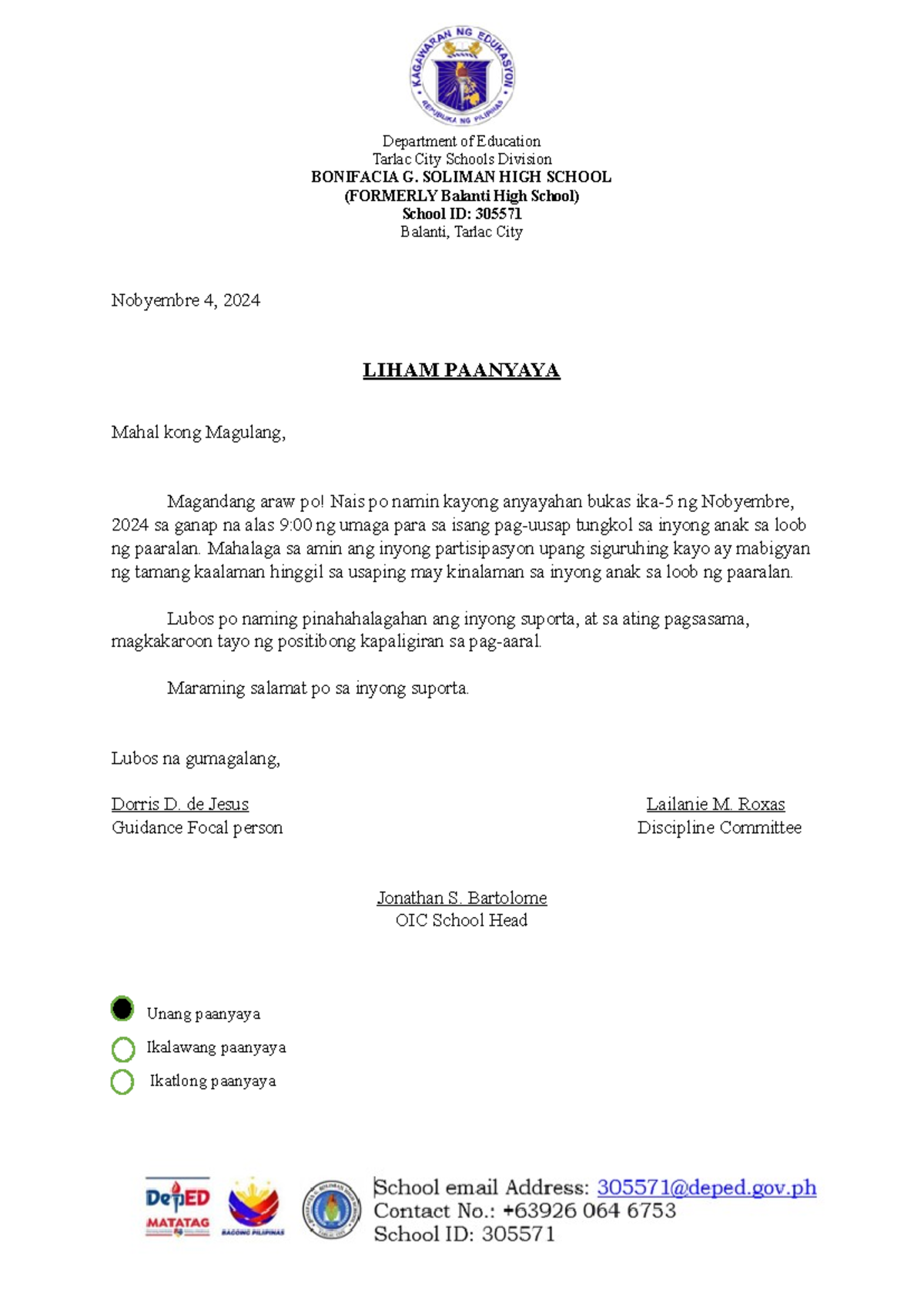 Paanyaya para sa Pag-uusap ng Magulang at Paaralan - Nobyembre 2024 ...