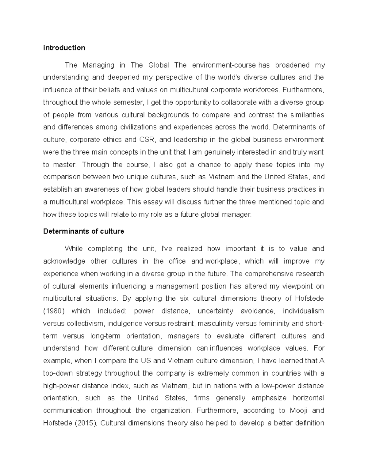 Managing in a Global Environment assignment 3 reflection - 200864 - UWS ...