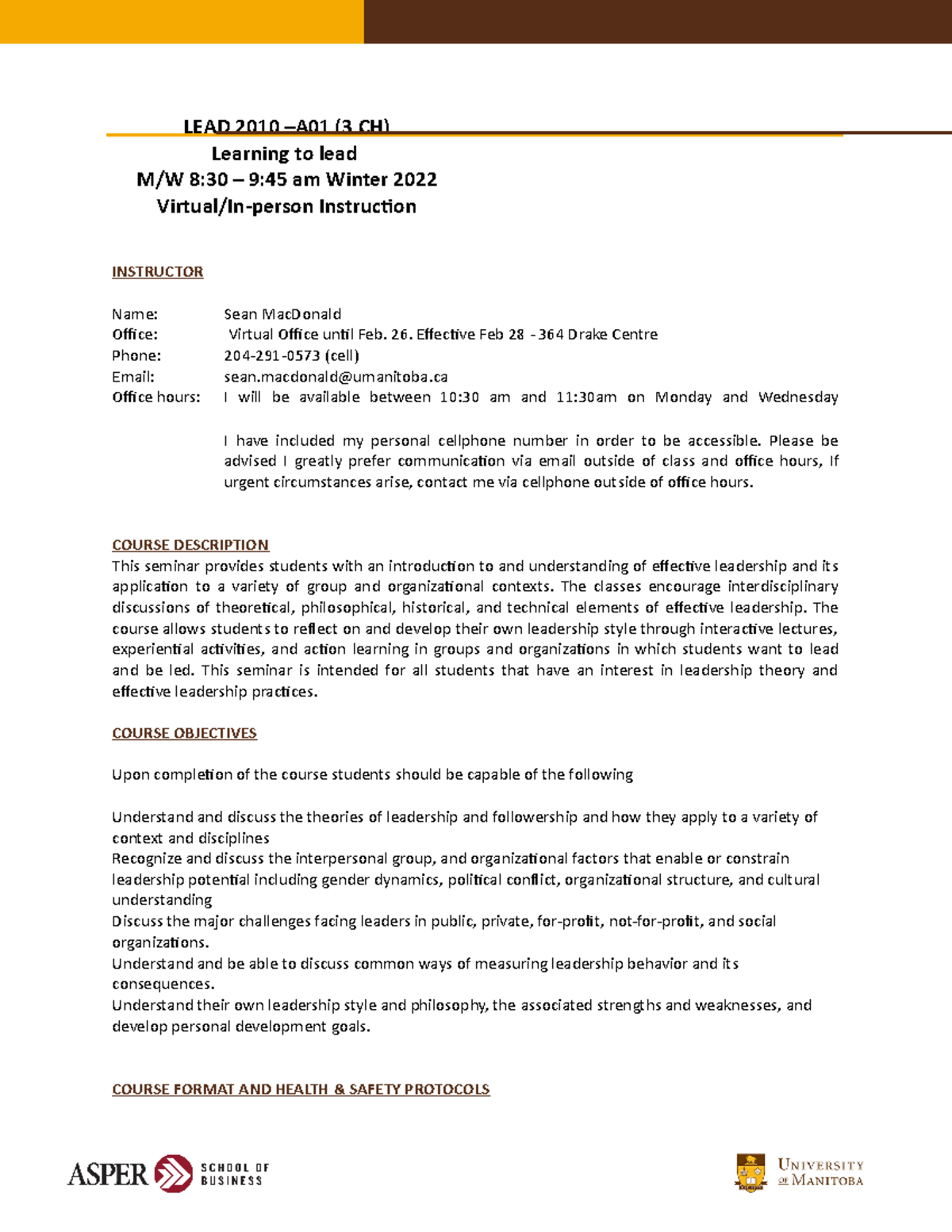 LEAD2010 A01W22 Course Outline: Learning to Lead - Winter 2022 - Studocu