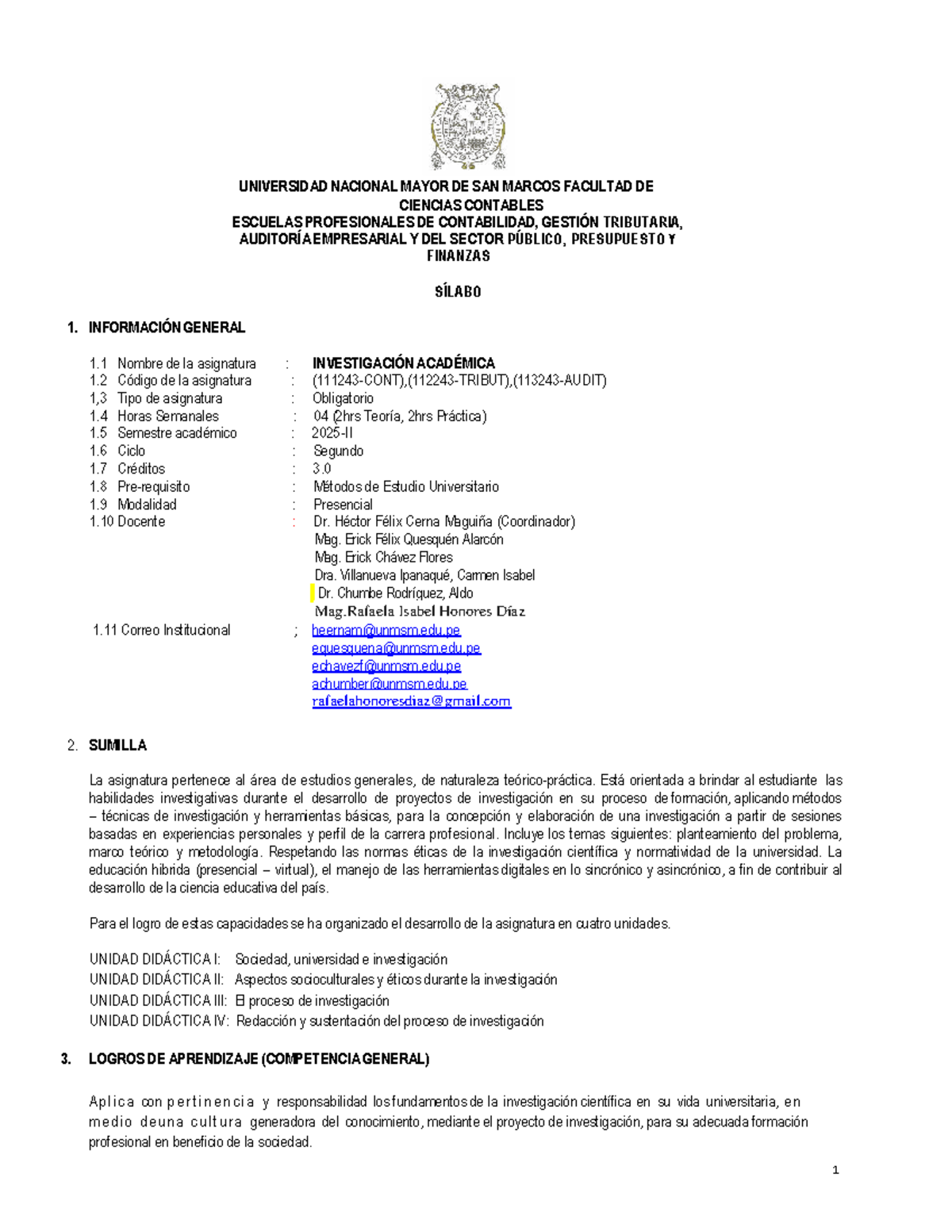 Sílabo I: Investigación Académica 2025 - UNMSM - Document Preview