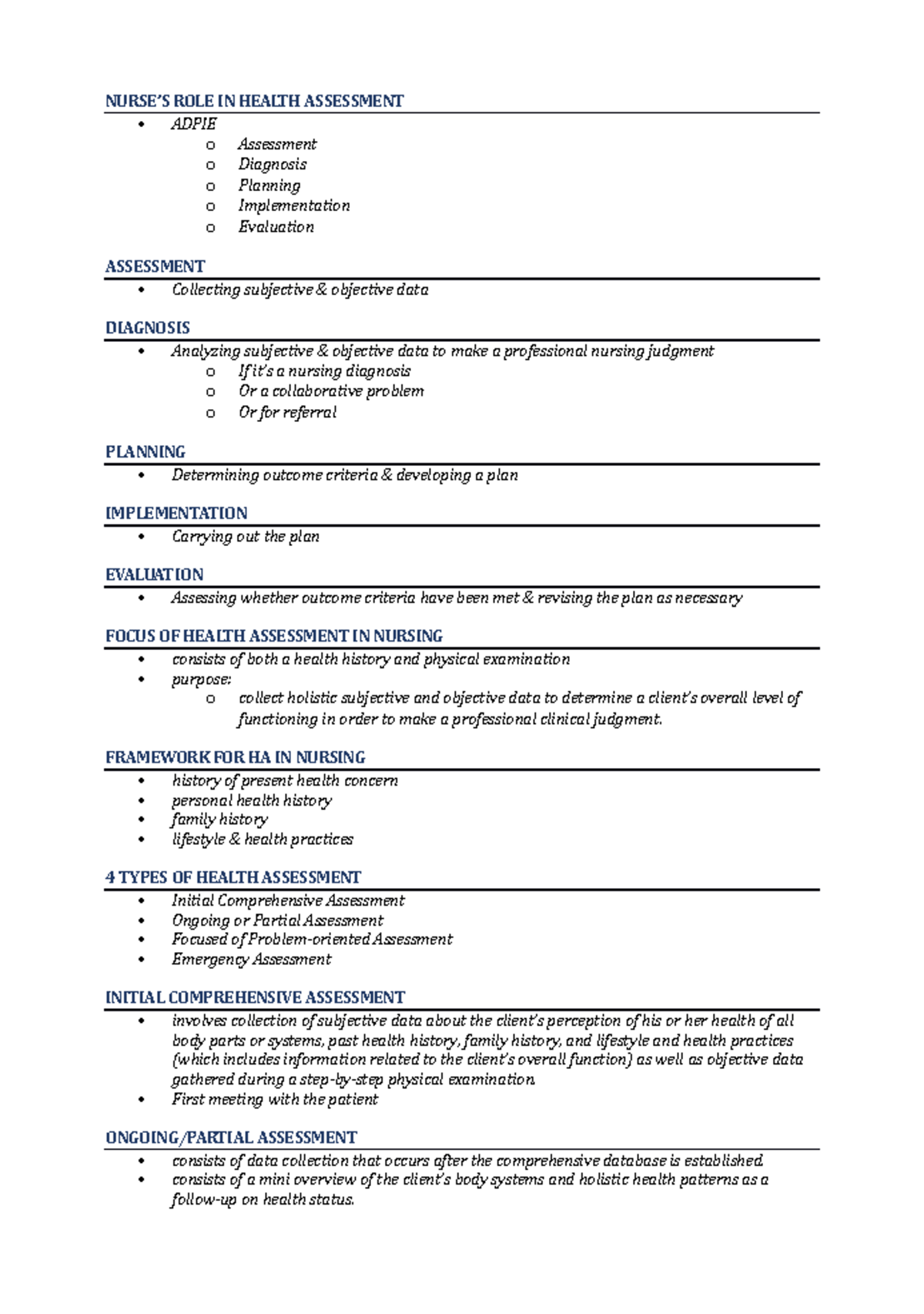 HA 101: Nurse's Role in Health Assessment - Prelim Notes - Studocu
