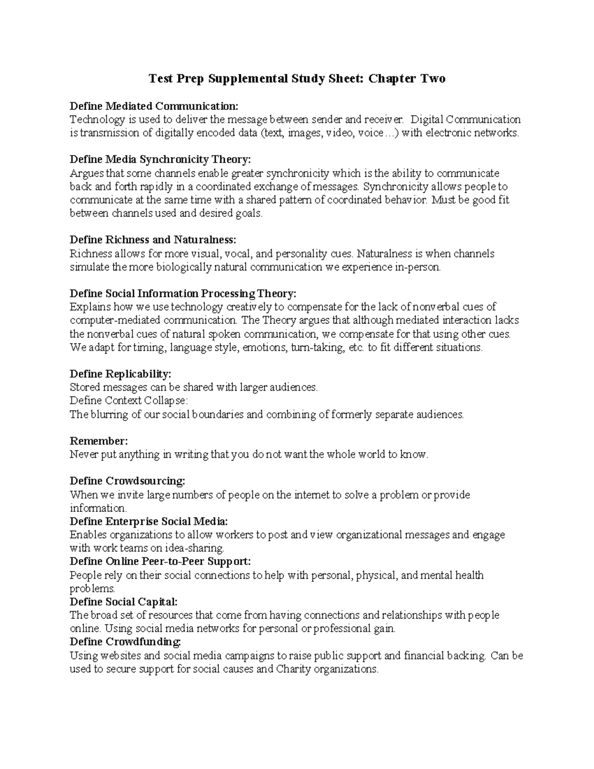 Test Prep Study Sheet: Digital Comm Theories & Concepts - Studocu