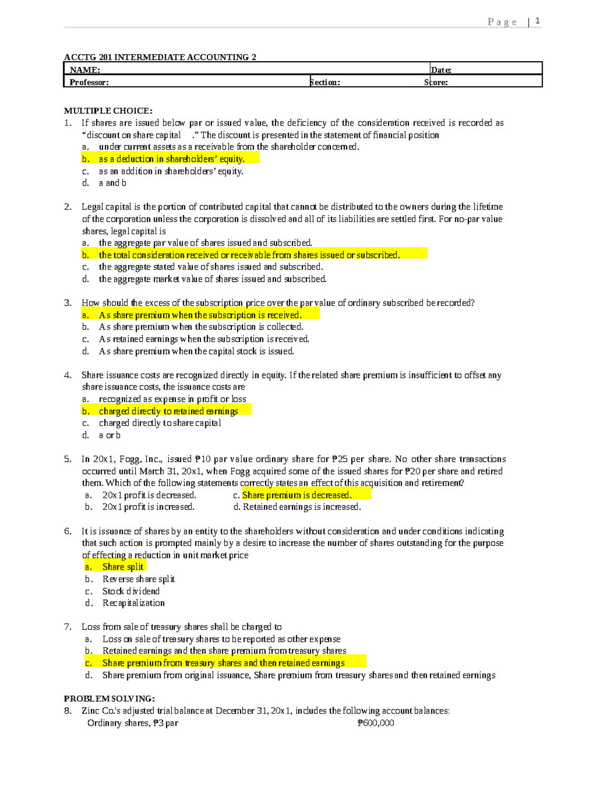 ACCTG 201 Final Exam: Intermediate Accounting 2 Multiple Choice ...